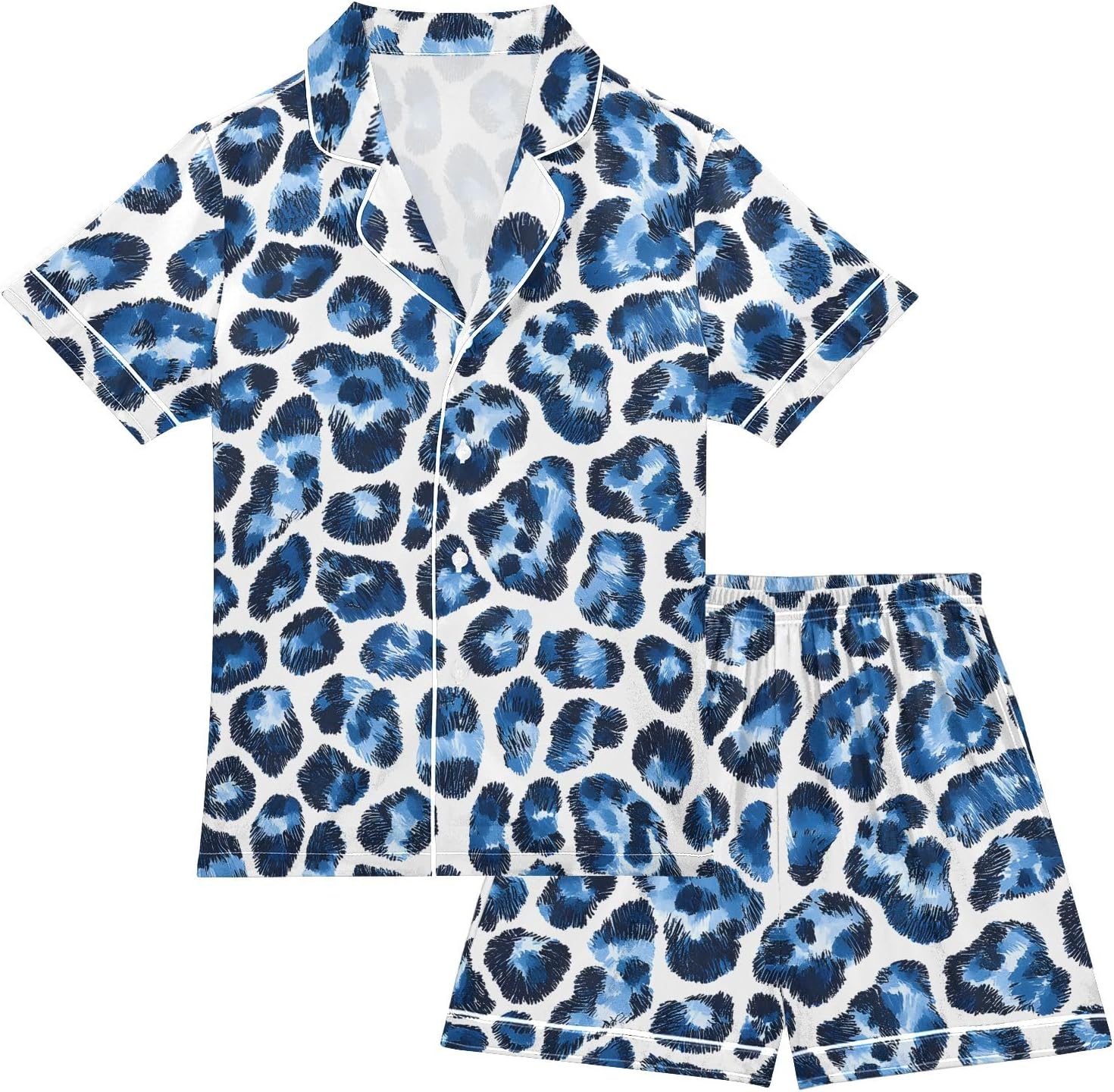 Kids Satin Wear Set Blue and White Leopard Print Pattern Relaxed Fit Clothing Short Sleeve and Shorts