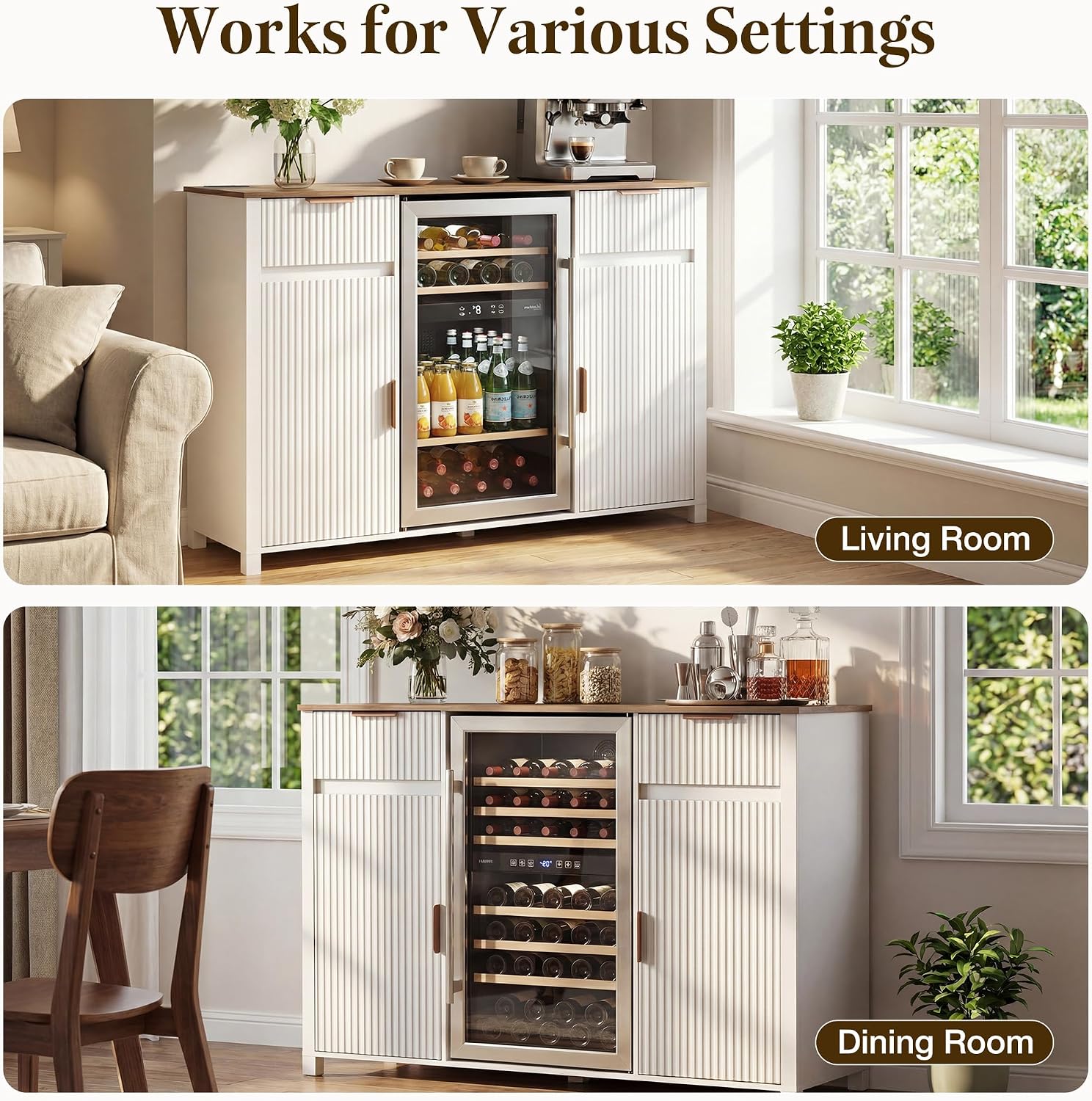 HOMREST 53" Large Coffee Bar Cabinet with Fridge Space & Power Outlet, Mini Fridge Cabinet with Drawer & Door Storage, Wine Bar & Buffet Sideboard for Kitchen and Dining Room, White