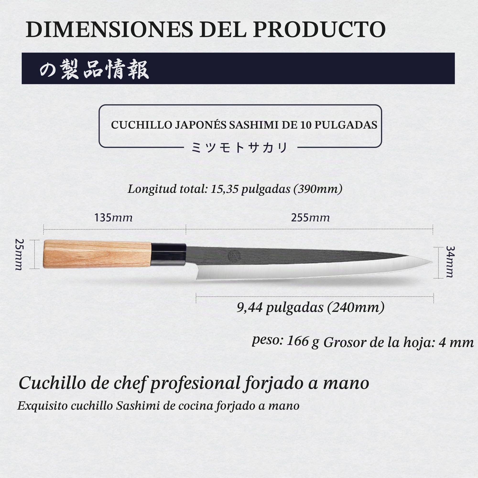 MITSUMOTO SAKARI Cuchillo Sashimi de un Solo Filo, 26 cm Cuchillo Yanagiba | Cuchillo Japones de Tungsteno, Cuchillos Sushi de Japoneses Profesional Forjado, Mango Fraxinus Mandshurica y Caja de Regalo