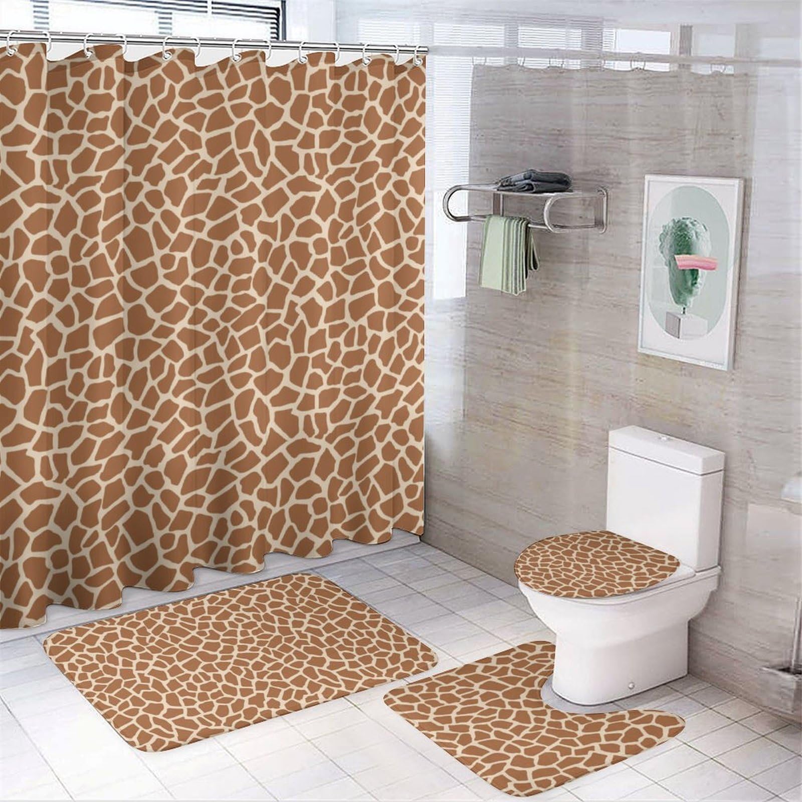 JZemdybill Bathroom Mat Set 4 Piece, Giraffe Pattern Shower Curtain with Non-Slip Bath Mats for Bathroom