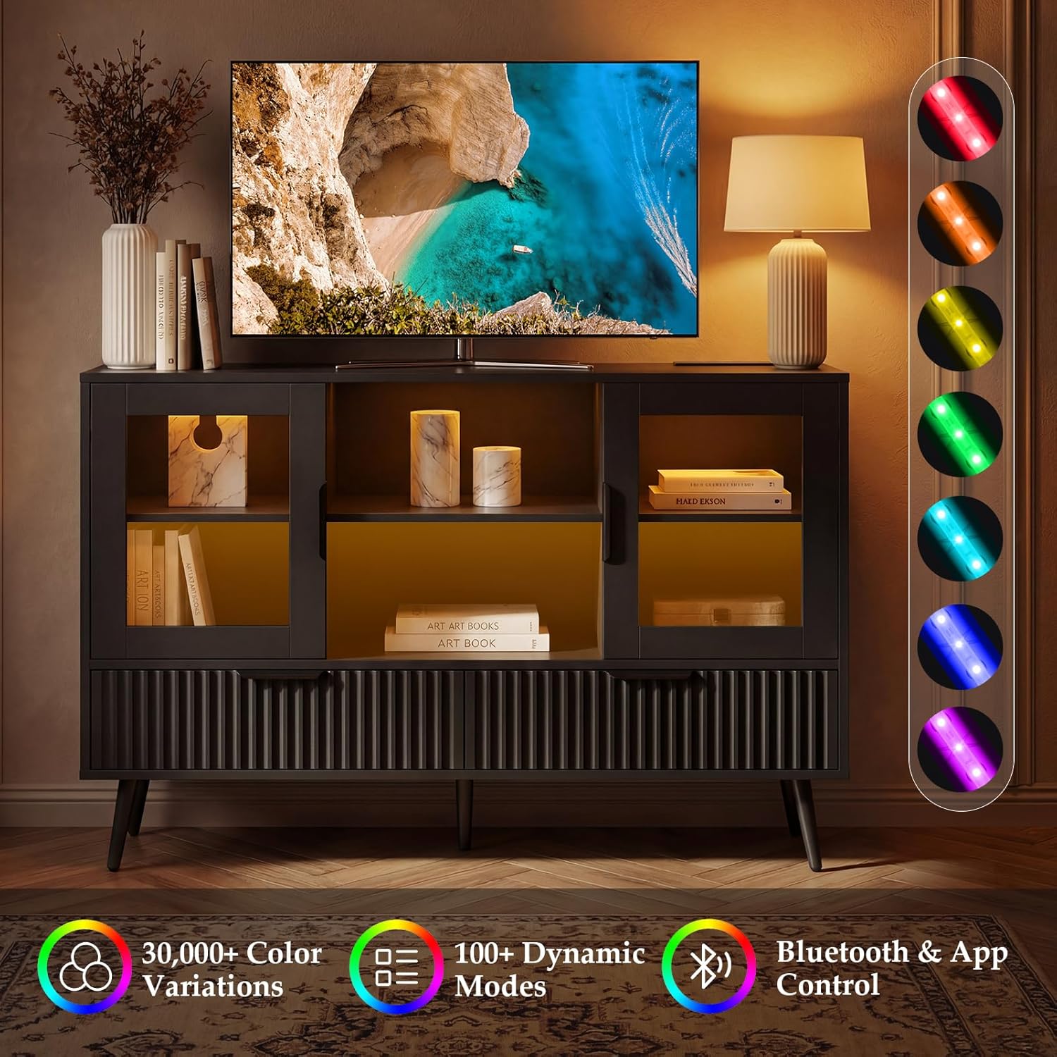 Foxemart 30", 32", 40", 45", 50" Inch Black Stand with LED Lights and Power Outlet, Modern Entertainment Center with 8 Drawers, TV Cabinet Media Console Table with Storage for Living Room, Bedroom