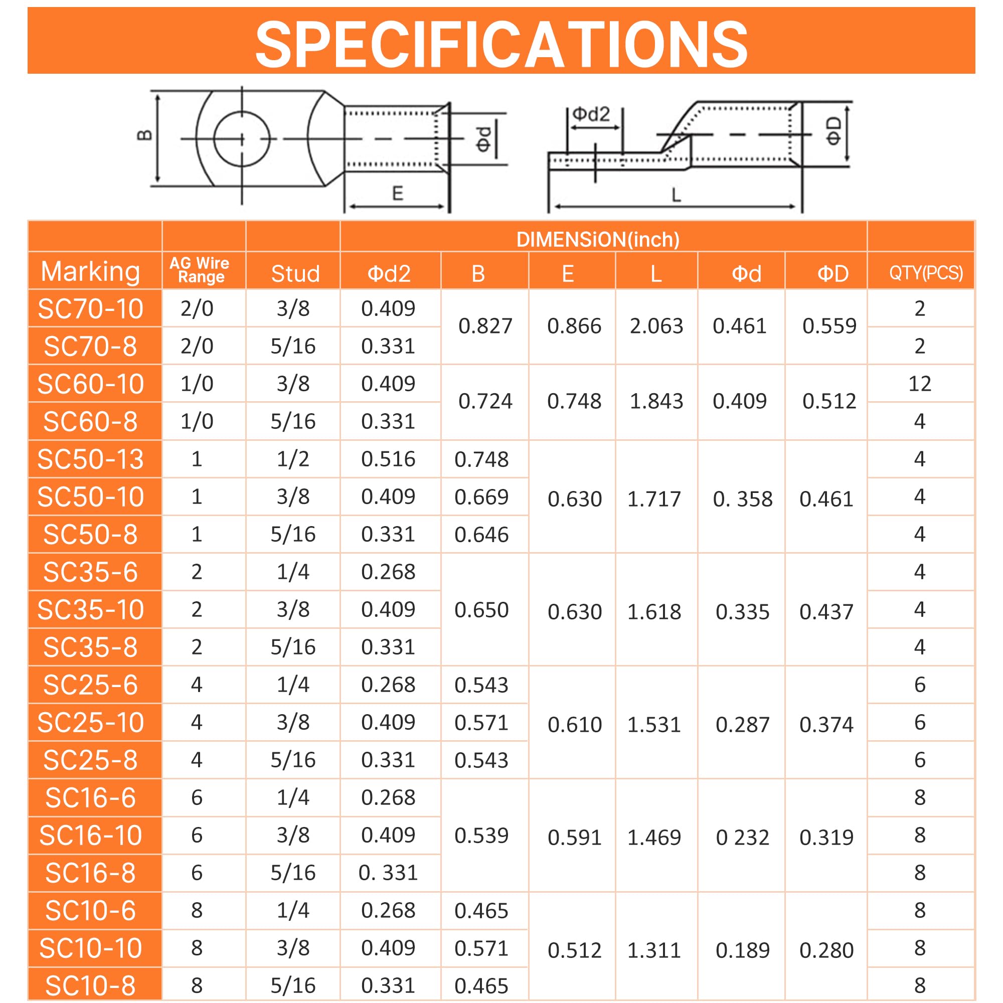Kuject 220 extremos de cable de batería AWG 1, 2, 4, 6, 8, 1/0, 2/0, 110 terminales de cobre resistentes, surtido de conectores de terminales de cable de batería con 110 tubos termorretráctiles 3:1