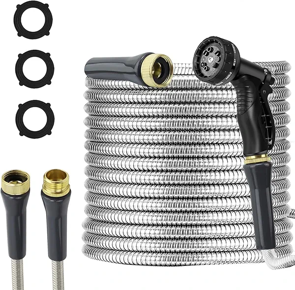 AnyEasy Stainless Steel Garden Hose 50ft Heavy Duty Metal Water Hoses with 10 Function Water Hose Nozzles for Yard Outdoor