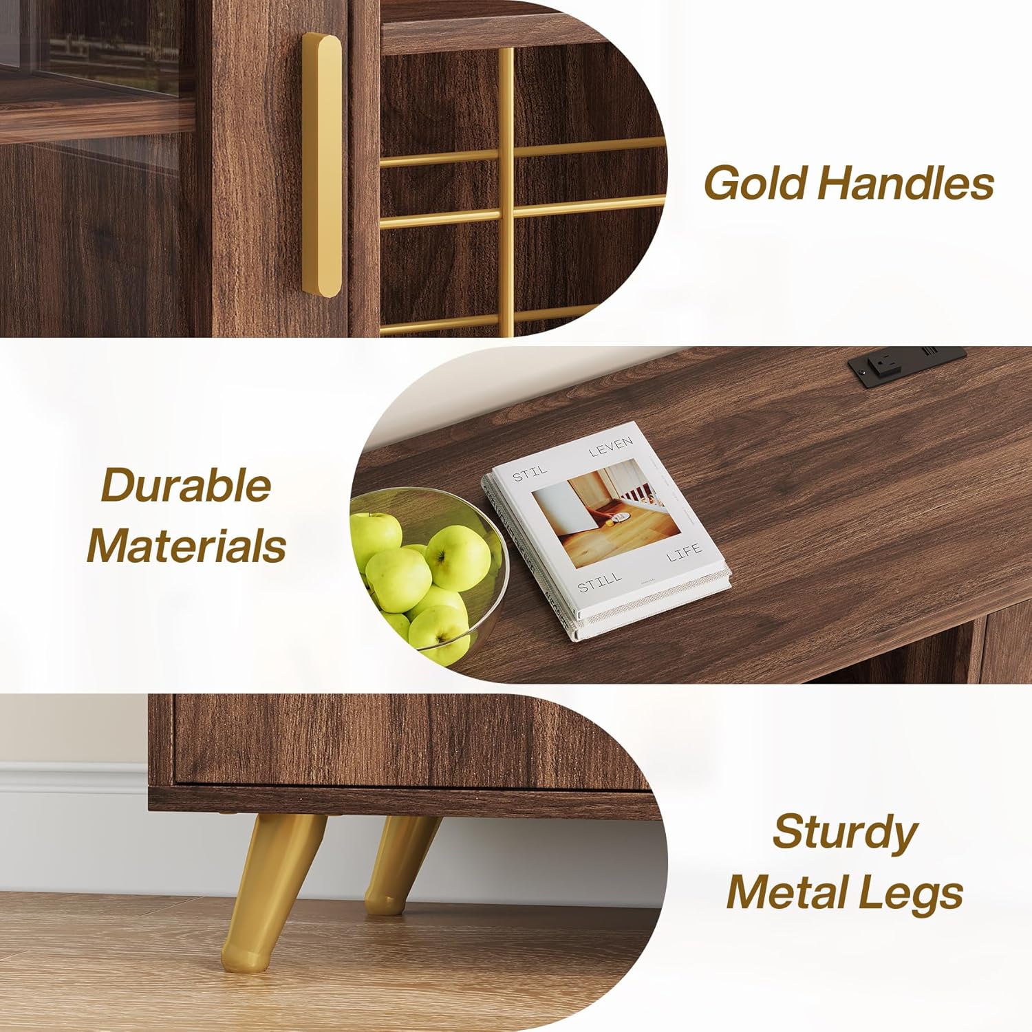 Bar Cabinet with Power Outlets, Modern Coffee Bar Sideboard with LED Light, Farmhouse Liquor Cabinet with Wine Rack, Glass Holder & Wine Storage, Walnut