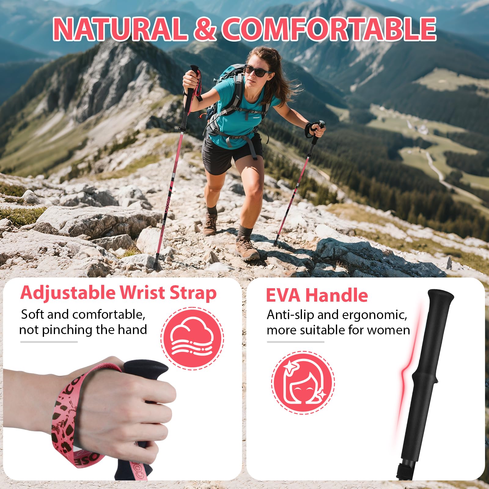 Qoosea Bastone da Trekking per Donna, Pieghevole e Regolabile 110-125 cm in Fibra di Carbonio - Bastoncino da Camminata Nordica Ultraleggero per Escursionismo, Alpinismo e Sci