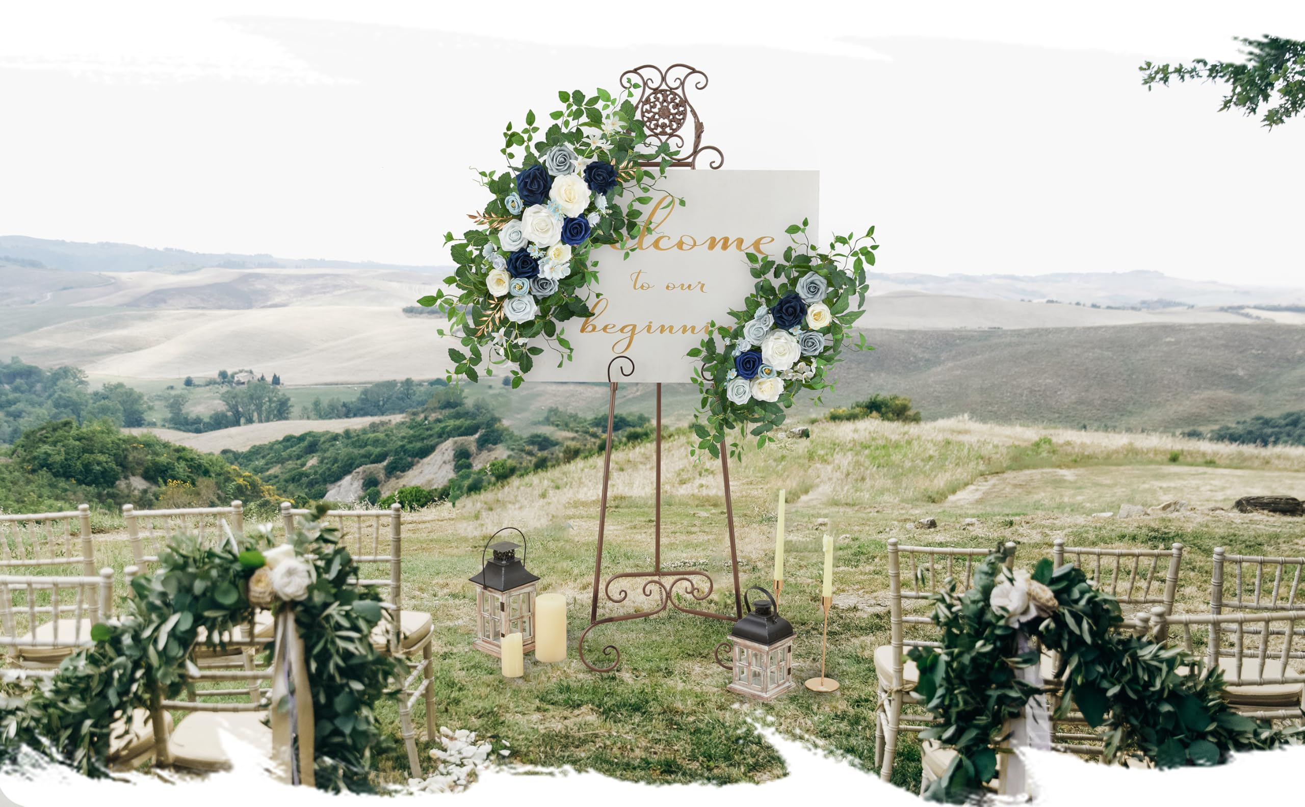 Bogenblumen-Set, 2 Stück, künstliche Blumengirlande für Hochzeit, Willkommensschild, Empfangszeremonie, Stuhldekoration, (Dusty Blue & Elfenbein)