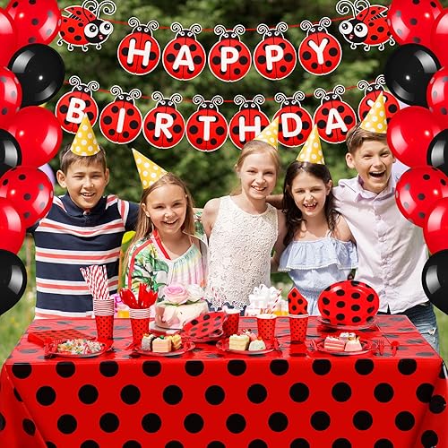 Miniatura 6 de Sumind 200 piezas de decoraciones de fiesta de cumpleaños de mariquitas, suministros para fiesta temática de mariquitas, globos, vajilla, pancarta