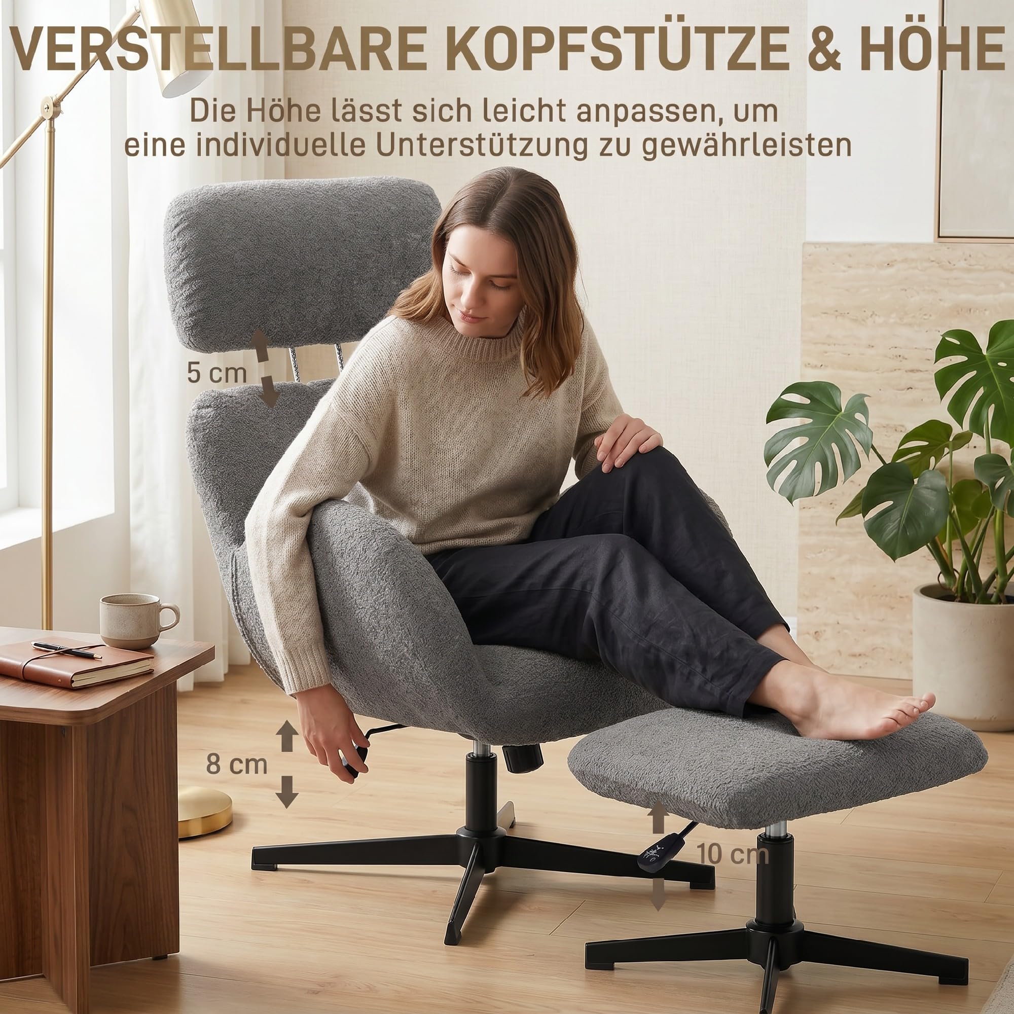 HOMCOM Relaxsessel mit Hocker Drehbarer Loungesessel mit Samtstruktur Grau