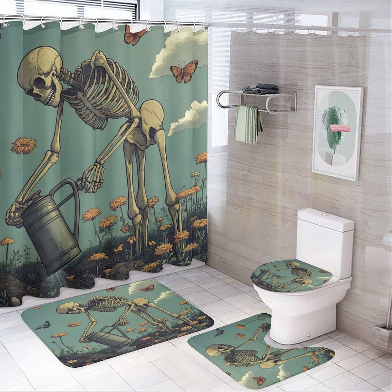 LUYYSKY Fantasy Colorful Skeletons Shower Curtain Decor Set,Funny Gothic Skull Spring Garden Flowers Butterfly Bathroom Decor Sets With Rugs,Bathroom Shower Curtain Set