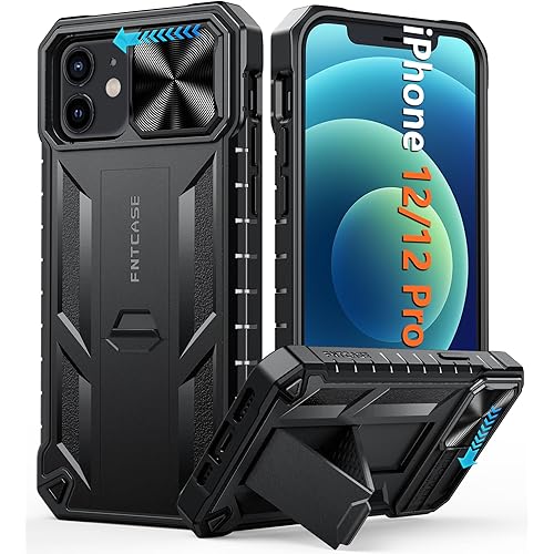 FNTCASE for iPhone 12 Phone Case: iPhone 12 Pro Military Grade Shockproof Protection Mobile Case with Kickstand & Matte Textured Rugged TPU Shell | Drop Proof Protective Cover Black