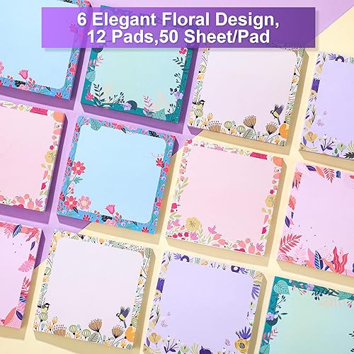 Miniatura 3 de Zonon 12 blocs de notas adhesivas de flores lindas de 3 x 3 pulgadas, notas adhesivas florales de verano, 6 estilos, bloc de notas florales para
