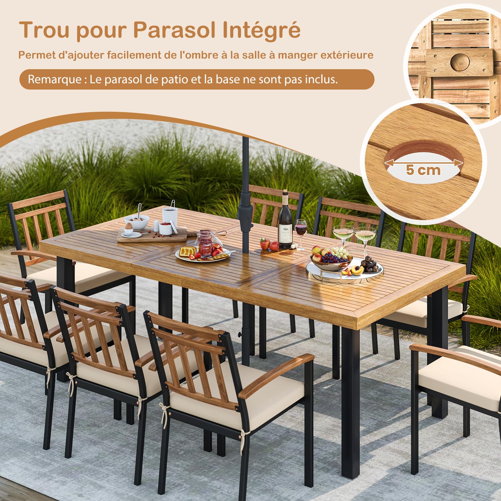 GOPLUS Table de Salle à Manger en Bois d'Acacia FSC 200 x 100 x 75 cm pour 8 Personnes avec Trou pour Parasol