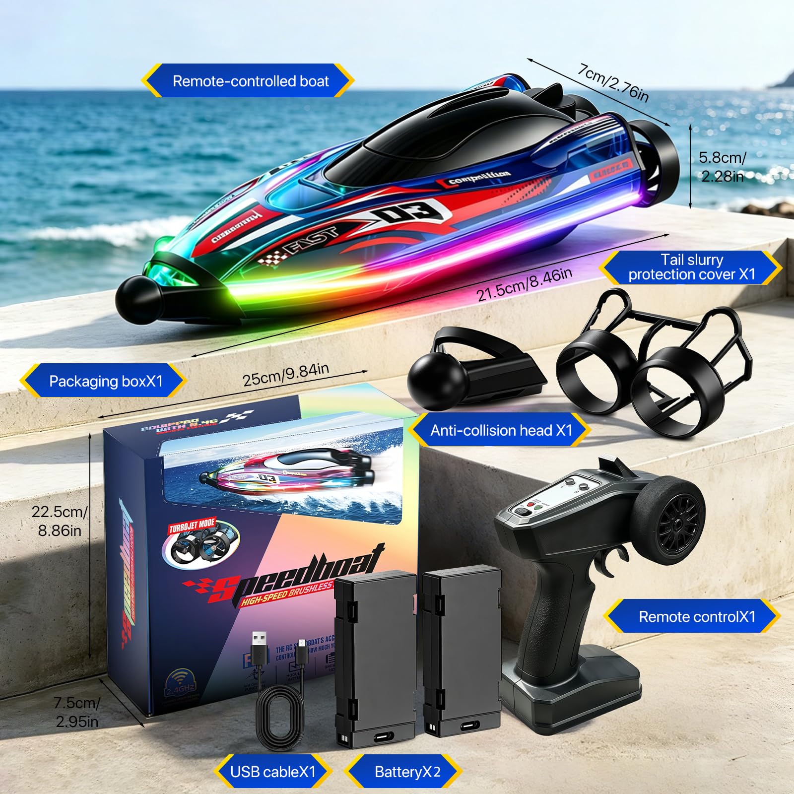 Ferngesteuertes Boot Ultraschnelles 30Km/H, Bürstenloser Motor 360° Automatische Selbstzentrierung Rc Boot Mit Led-Lichtern,Stoßfest Wasserdicht 2,4 Ghz U Speedboot Ferngesteuert Für Pool See