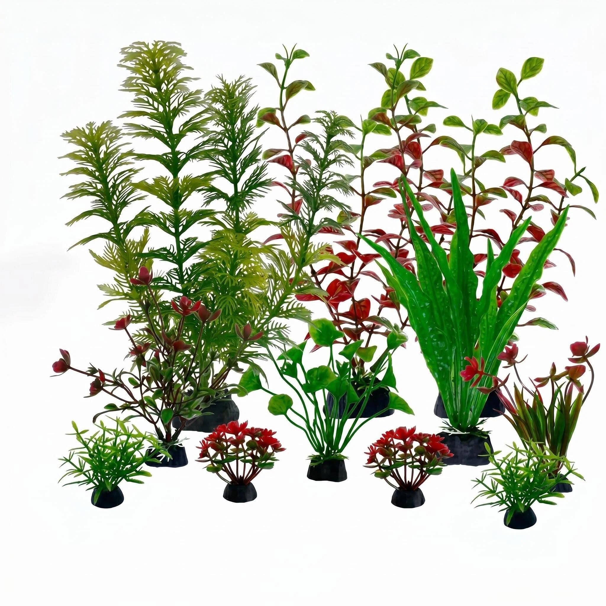 11 Piece Artificial Aquarium Plants Set, Fish Tank Accessories with Realistic Fish Tank Decorations and Plants, Weighted Base Silk Plastic Plants for Freshwater and Saltwater Tanks (Green & Red)
