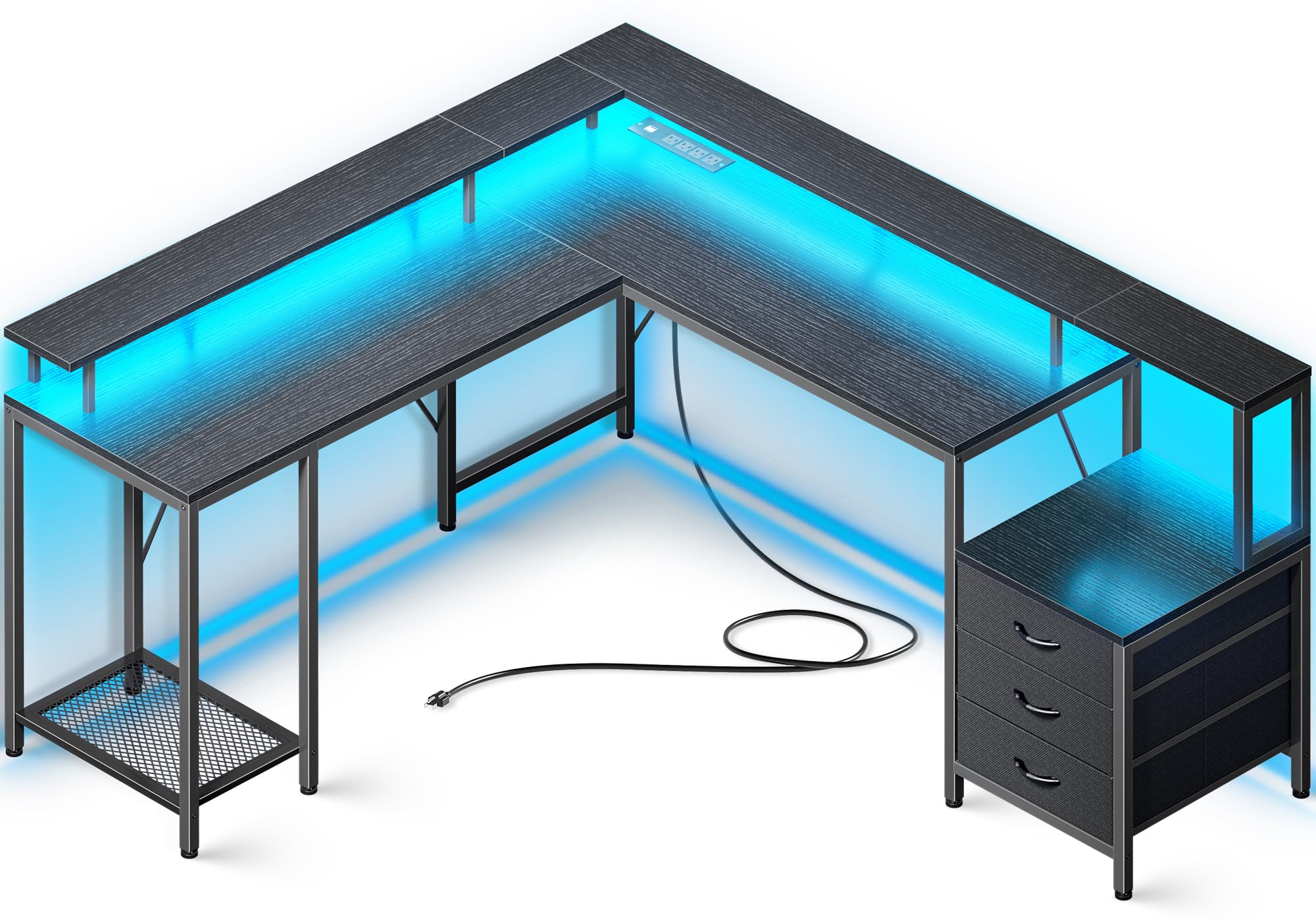 Huuger L Shaped Gaming Desk with LED Lights and Power Outlets, Computer Desk with 3 Drawers, 66.1 Inches Corner Desk, Home Office Desk with Printer and Monitor Stand, Large Storage Space, ( Color White  Similar To The  Stock   ) 