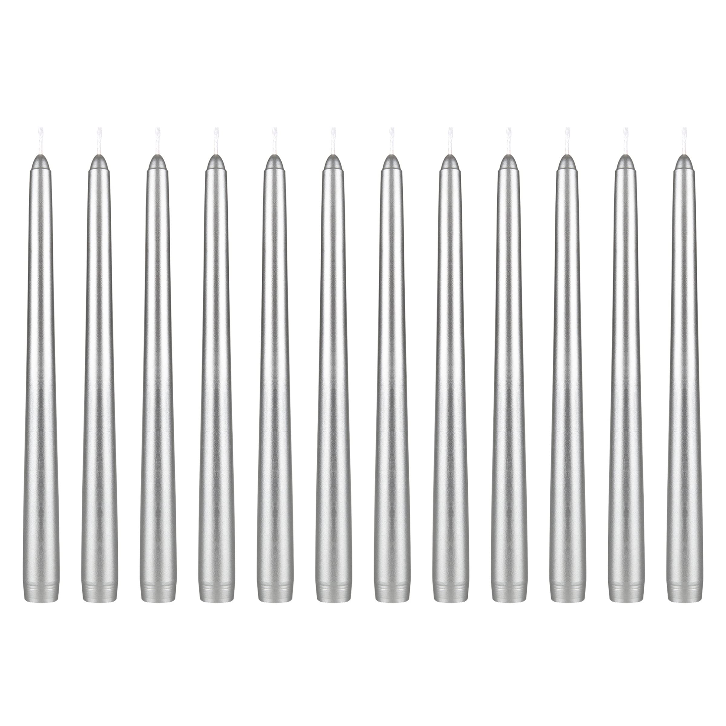 Mega Candles 12 pcs Unscented Silver Taper Candles, Hand Poured Wax Candle 10 Inch x 7/8 Inch, Home Décor, Wedding Receptions, Centerpieces, Birthdays, Celebrations, Romantic Events, Candle Holders