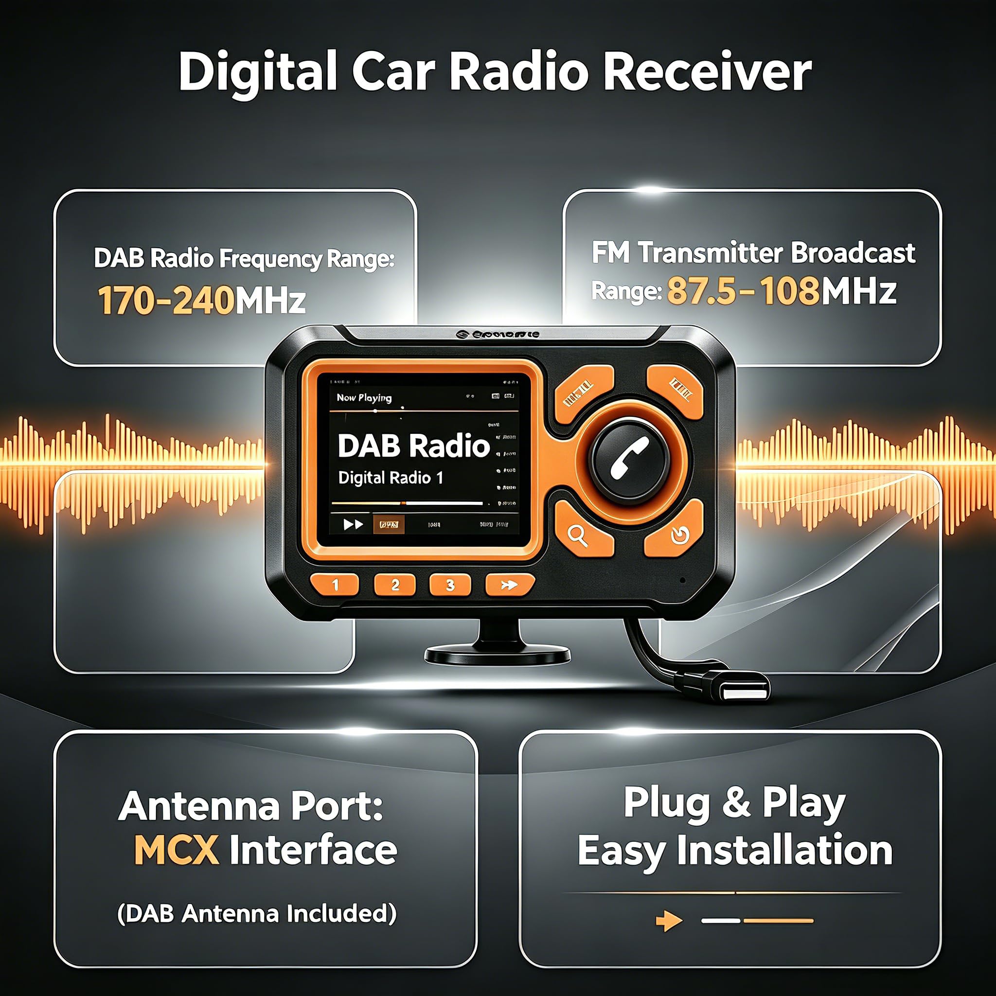 Plug&Play Adaptador de Radio Dab para Coche de Receptor Dab+ con Pantalla LCD de 2,4'', Manos Libres Bluetooth, Transmisor FM, Salida AUX y Ranura para Tarjeta TF Adaptador Dab para Coche