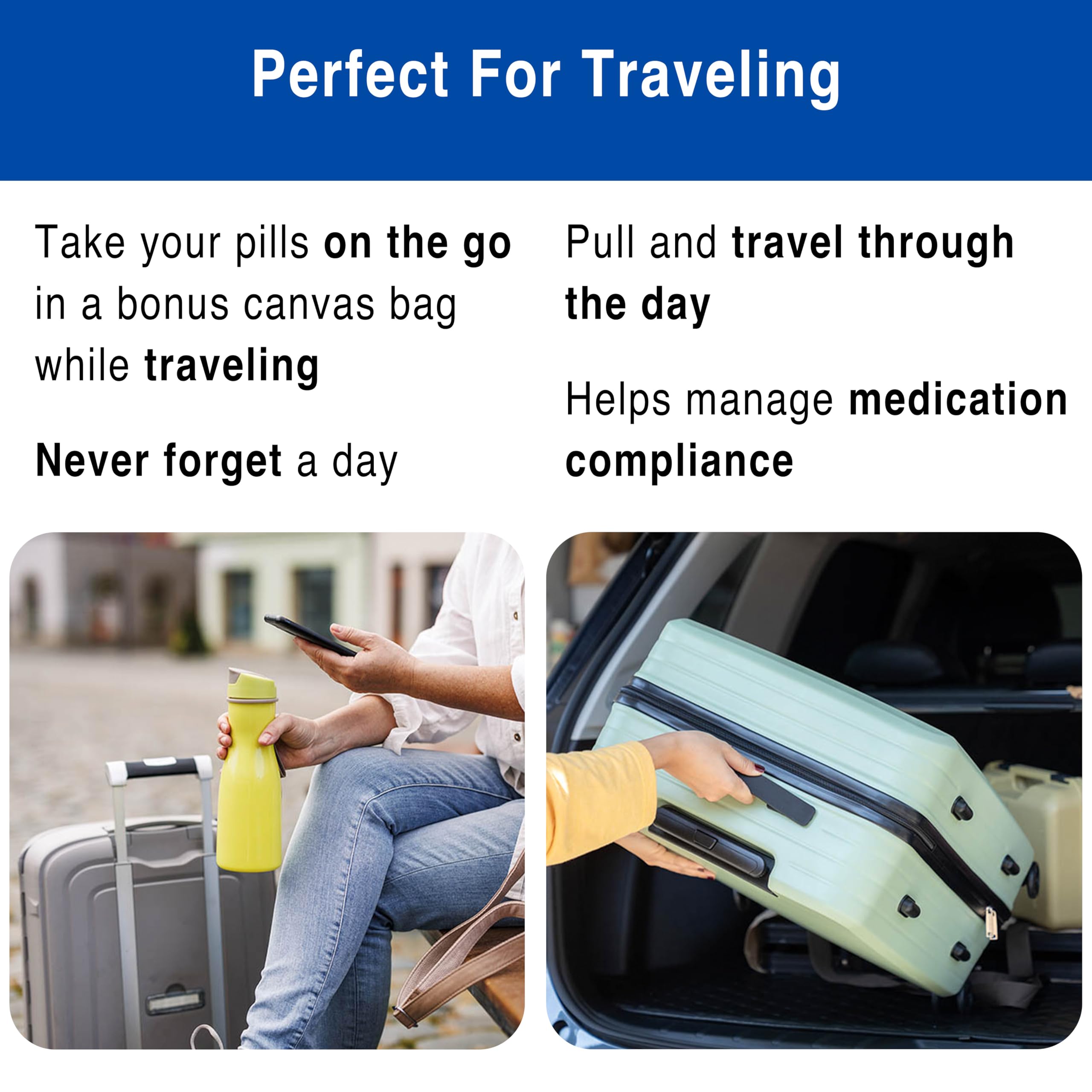 MedCenter Pilulier mensuel de 31 jours avec horloge de rappel parlant, pochette de voyage et pince à épiler – 4 compartiments de dose quotidienne – Organiseur de médicaments idéal pour les personnes