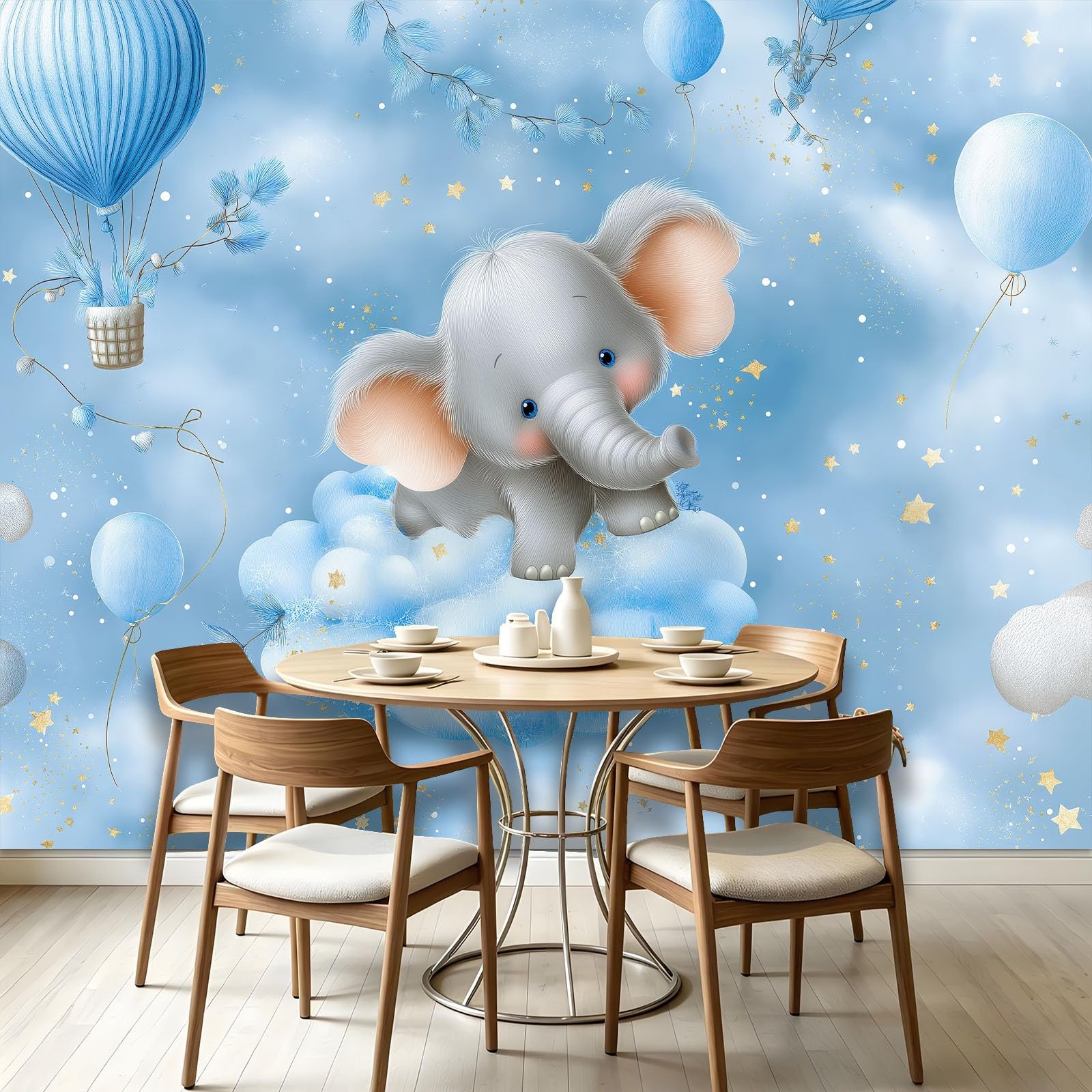 Panoramiczna tapeta bajkowe gwiaździste niebo - fototapeta z włókniny idealna do salonu sypialni i pokoju dziecięcego, uroczy balon słoń dekoracja ścienna do wnętrz 300 x 210 cm