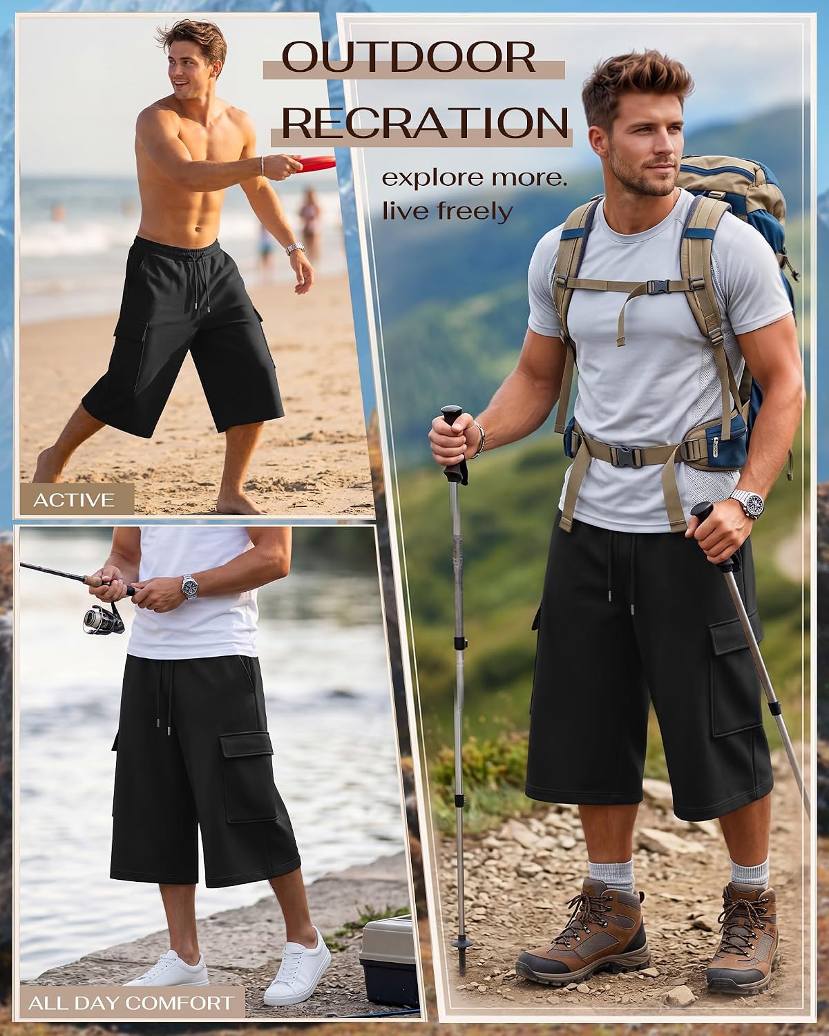 Men's Capri Cargo Casual 3/4 Shorts Elastic Waist Drawstring Above Ankle Wide Leg Pants Baggy with Pockets