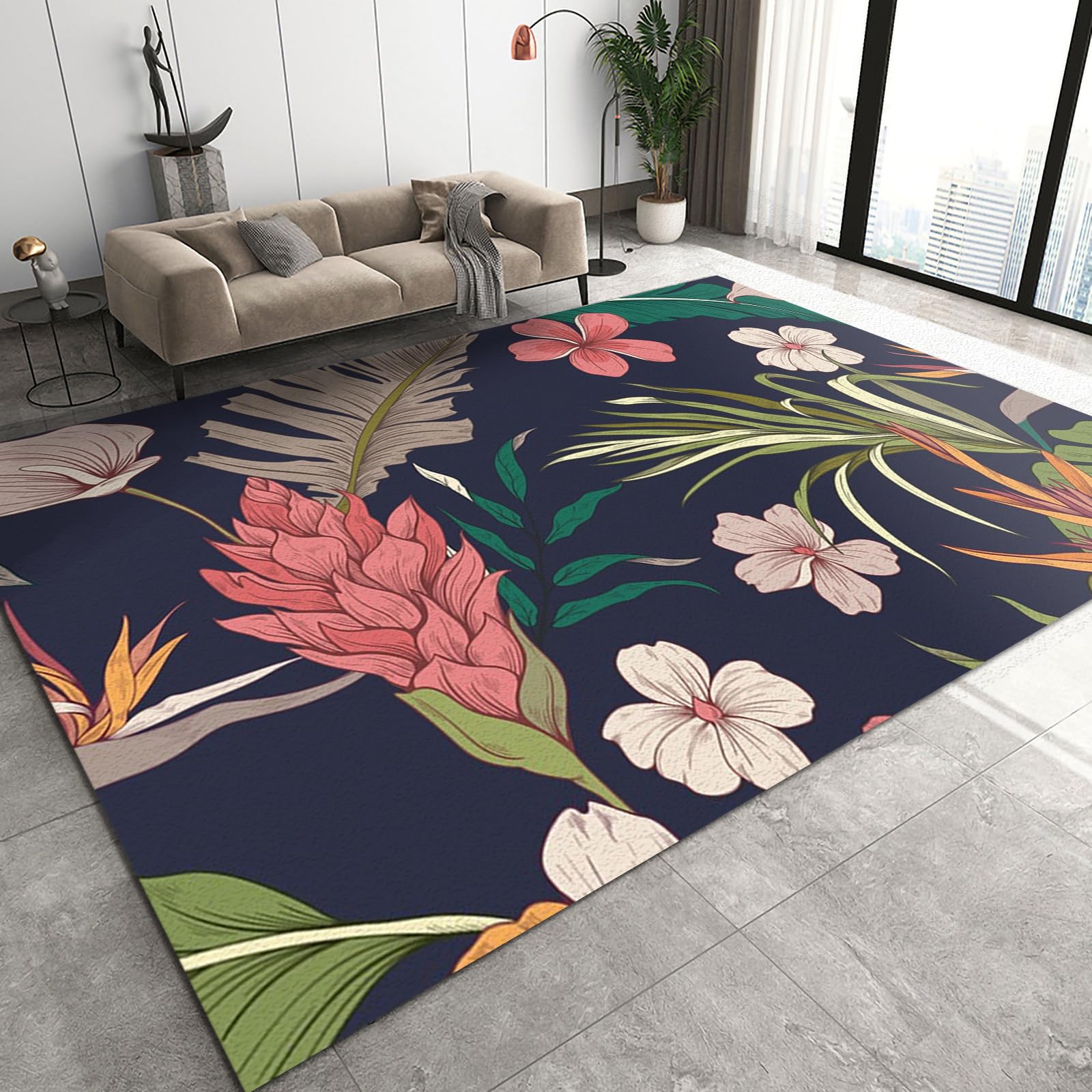 QDJKBL Area Rugs 60 x 90 cm Watercolor Plants Flowers and Leaves, Palm Banana Leaves Tropical RainForest Kitchen Rug, Sofa Cushion Non-Shedding With Backing for Bath Mat Balcony Dorm Room