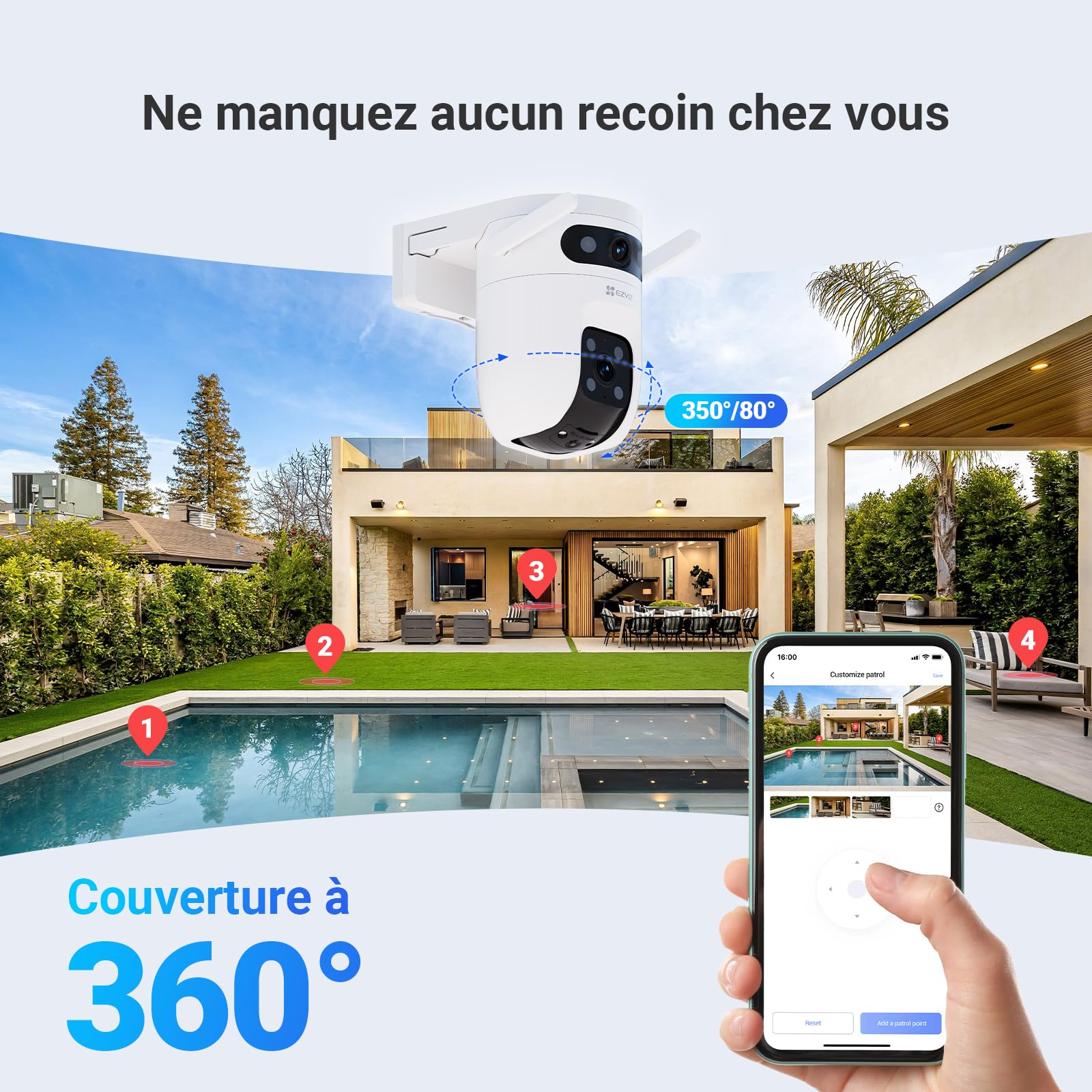 EZVIZ 3MP+3MP Caméra Surveillance WiFi Extérieure à Double Objectif, 360° PTZ Camera, Suivi Auto, Détection de Forme Humaine/Véhicule,Défense Active,Vision Nocturne Couleur 40M, C9c 2K Dual