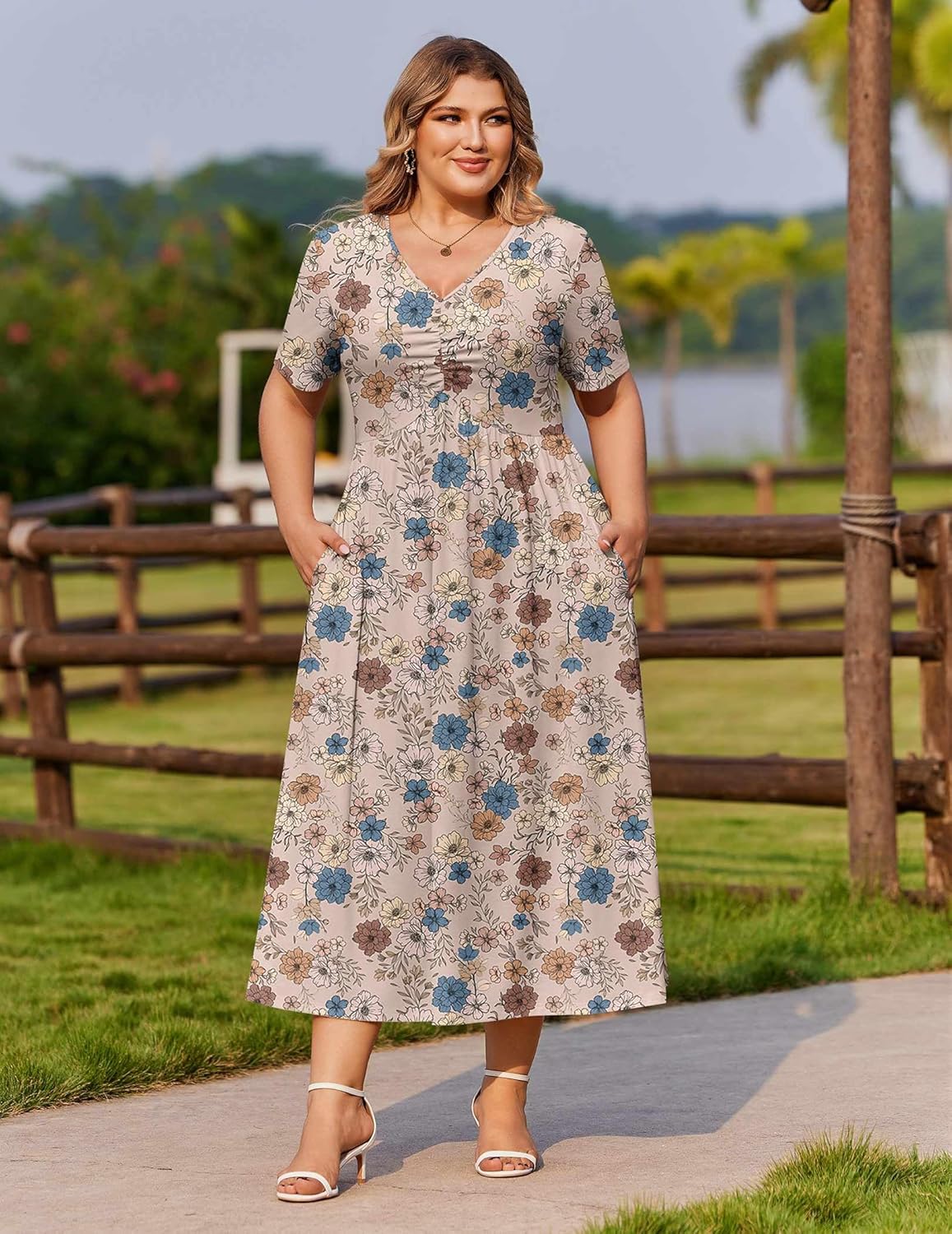 IN'VOLAND Women Plus Size Short Sleeve Dress Summer Casual V-Neck Ruched Aline Midi Dresses with Pockets - Image 2