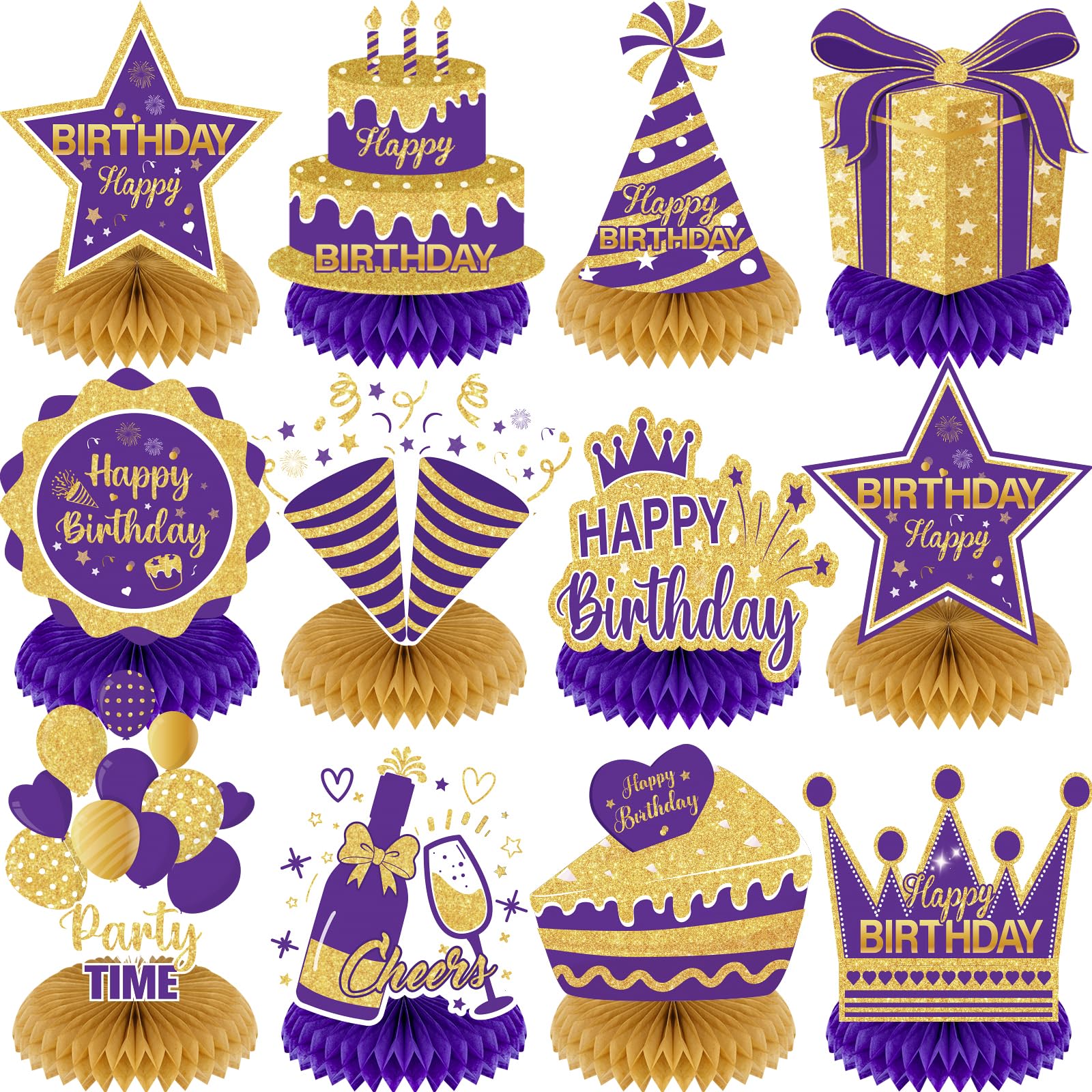 Photo 1 of 12Pcs Purple Gold Birthday Decorations Honeycomb Centerpieces for Women Girls, Purple Gold Happy Birthday Table Centerpieces for 30th 40th 50th 60th Birthday Table Topper Sign Decor Party Supplies