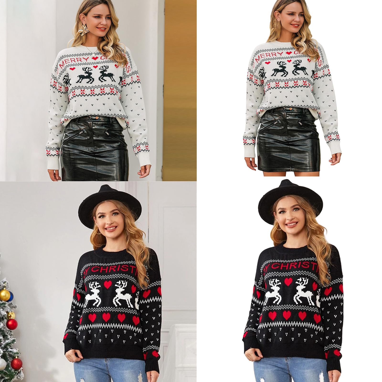 Suéter de punto con diseño de reno navideño para mujer, cuello de manga larga, suéter informal de gran tamaño