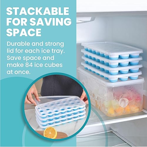 Miniatura 6 de Yoove Bandeja para cubitos de hielo con tapa y contenedor, paquete de 4 bandejas de silicona y plástico para cubitos de hielo para congelador, con