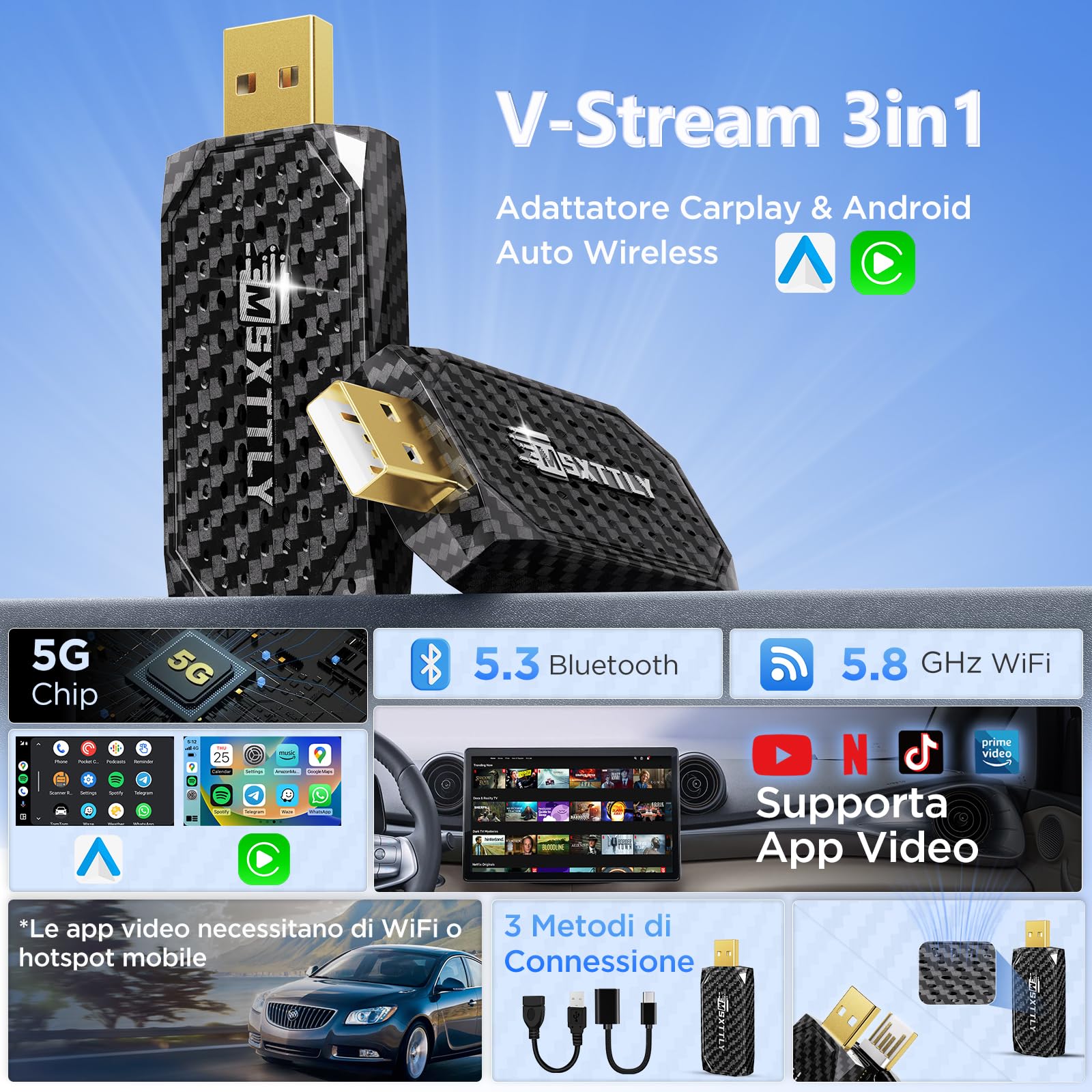 MSXTTLY Mini Adattatore Wireless CarPlay Android Auto 3 in 1, supporta Netflix, YouTube, TikTok e Prime Video, per auto con CarPlay cablato 2017+