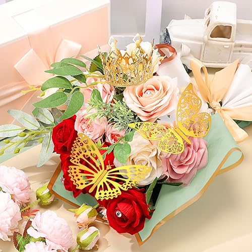 Miniatura 3 de FairySandy 12 hojas de papel de regalo para ramo de flores, impermeable, con 200 alfileres de flores, 4 coronas para tartas, 48 mariposas doradas