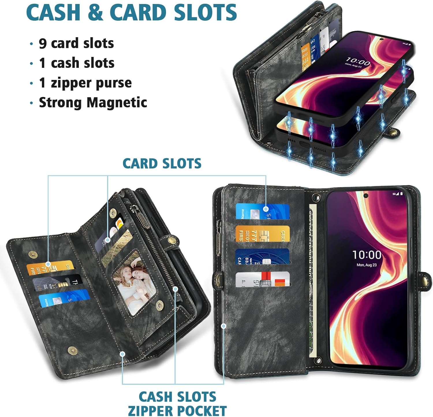 Asuwish Phone Case for Boost Mobile Celero 5G Plus 7 inch 2023 Zipper Wallet Magnetic Detachable Cell Cover with Tempered Glass Screen Protector Crossbody Strap Flip Card Holder 5G+ Women Girls Black