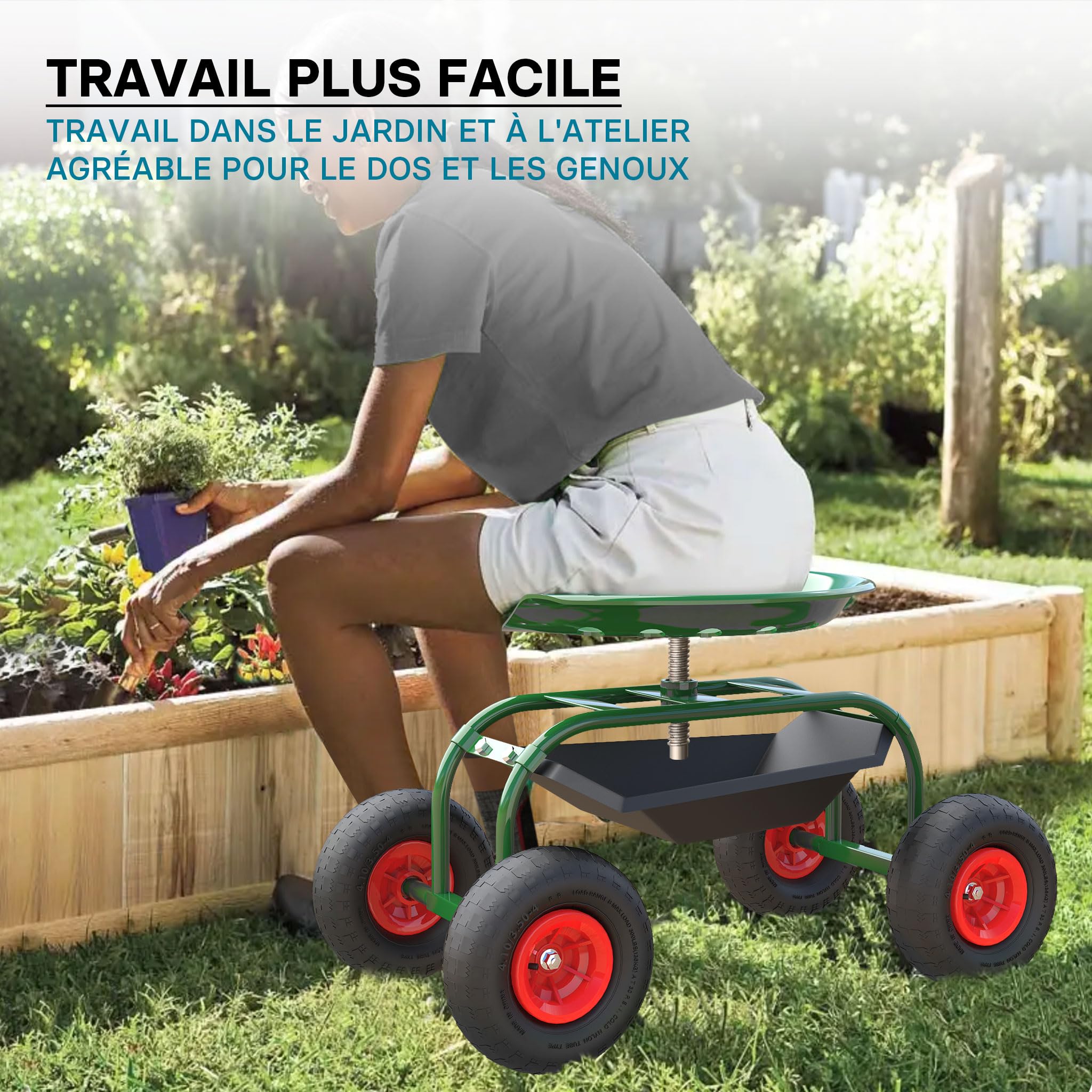 WilTec Siège de Jardin sur Larges Roues Charge 150kg Max. Chariot Coulissant Jardinage Repose-Genoux Outil