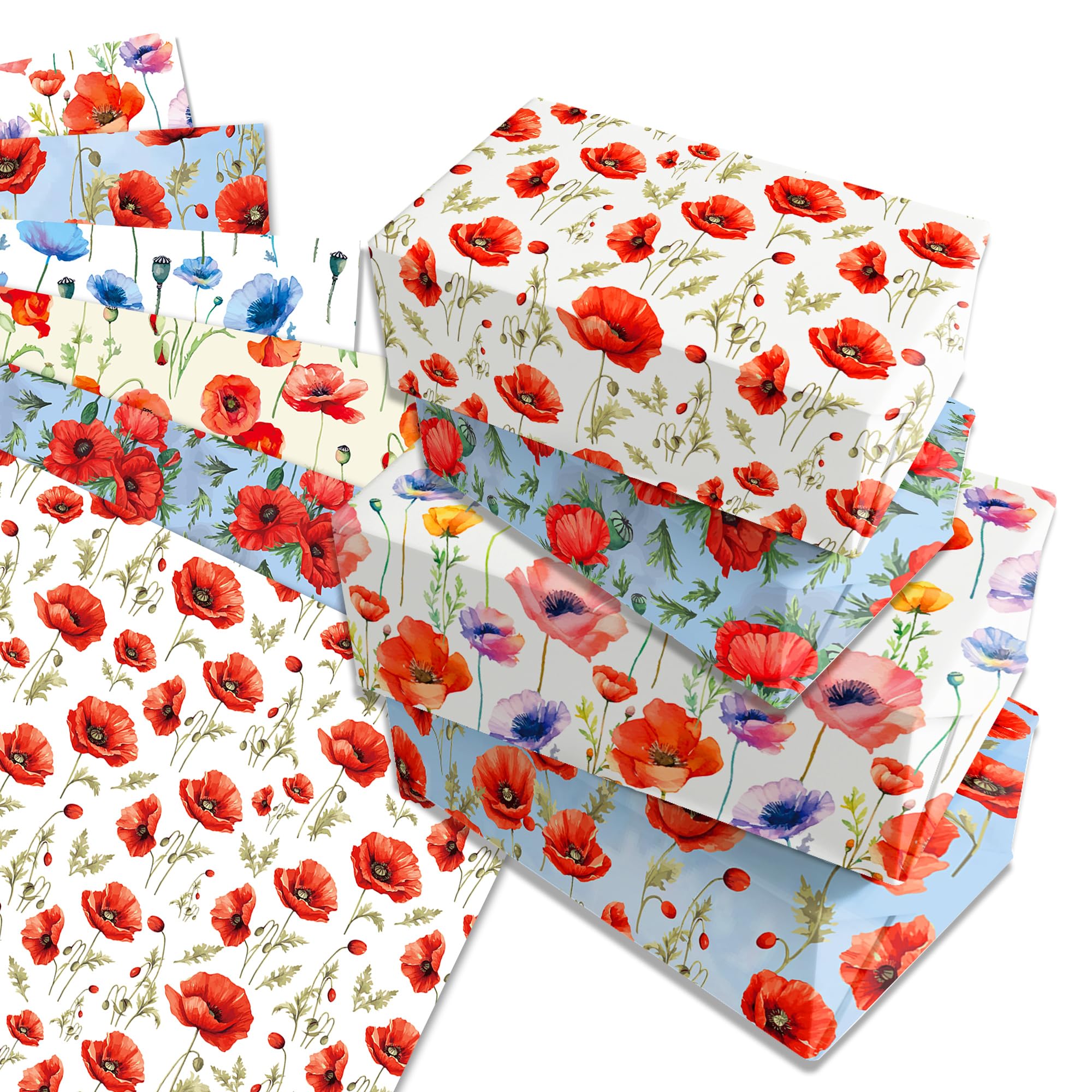 BHNACIER 12 Sheets Poppy Floral Wrapping Paper Poppy Floral Gift Wrap Paper