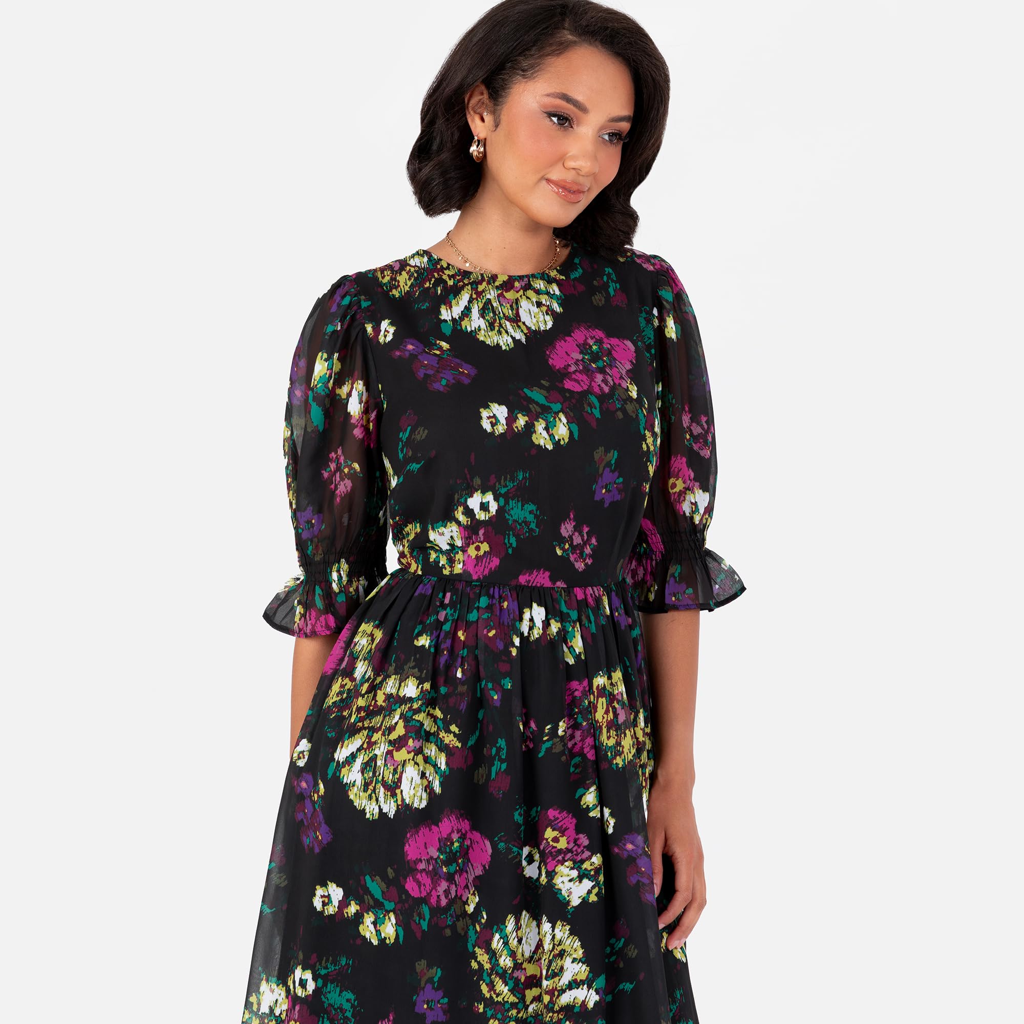 Lovedrobe Women's Midaxi Dress Ladies Short Puff Sleeve Round Neck Floral Chiffon Ruffle Tiered Bottom Hemline A-Line Occasion