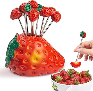 Azonee Strawberry-Shaped Holder with 10 Stainless Steel Fruit Forks