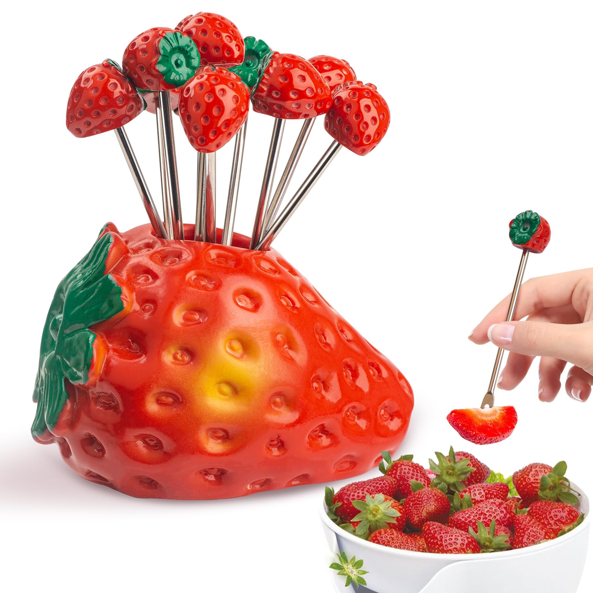 Azonee Strawberry-Shaped Holder with 10 Stainless Steel Fruit Forks, Dessert Forks for Salads & Snacks, Ideal for Home & Restaurant Use