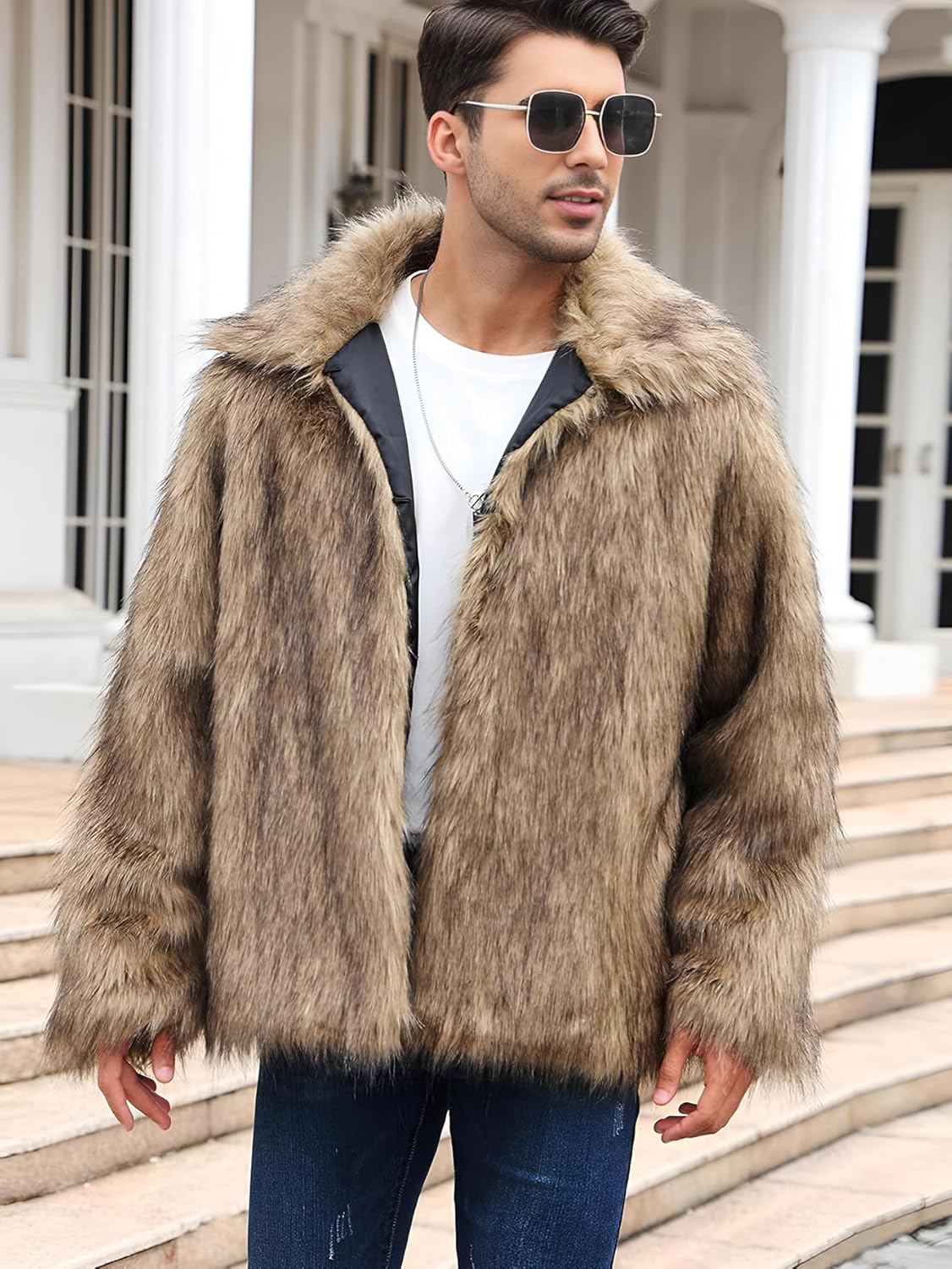 Ogfao Mens Faux Fur Jacket Luxury Fluffy Furry Coats Winter Lapel Collar Outerwear Warm Cardigans with Pockets