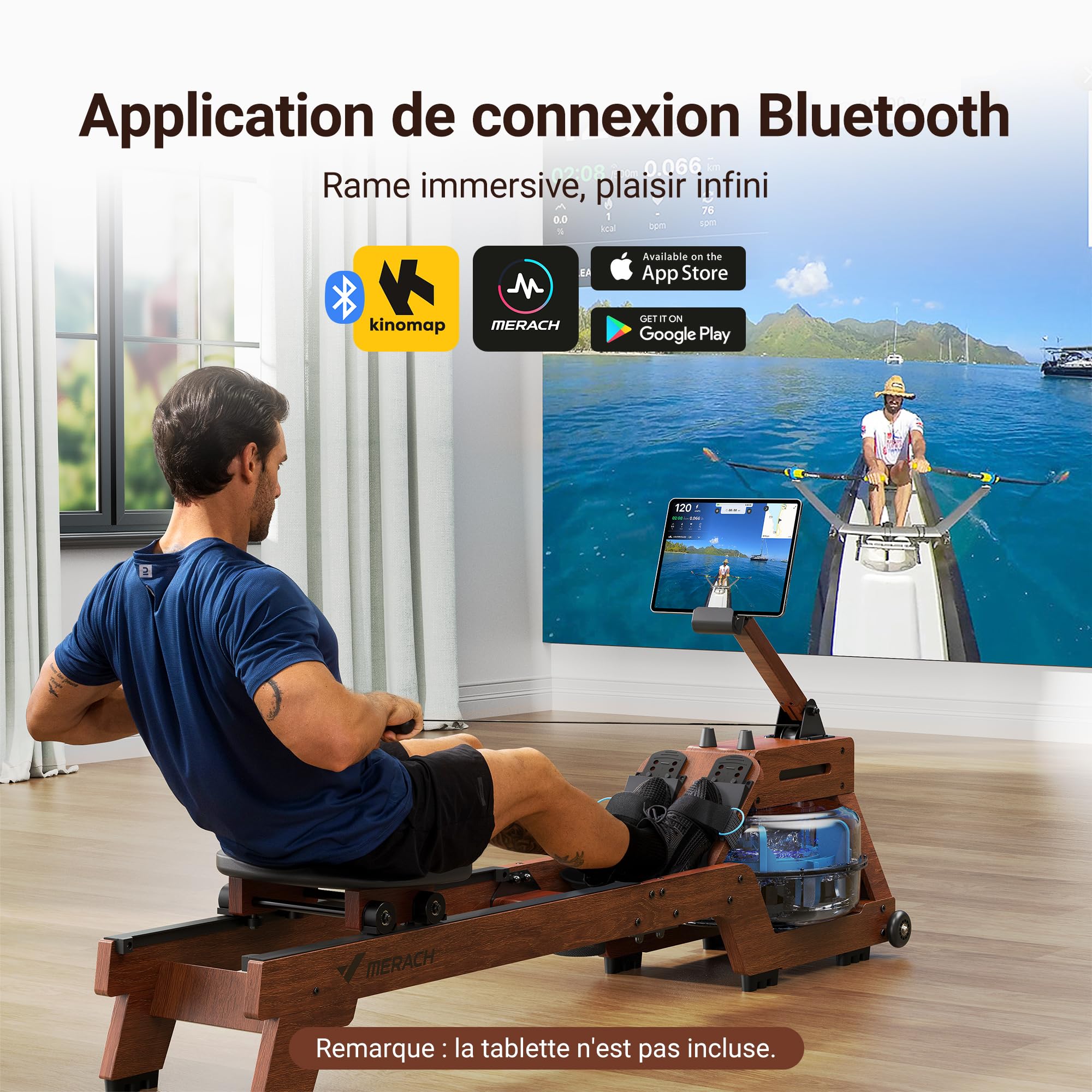 MERACH Rameur d'appartement, Expérience d'aviron Immersive avec Bois d'hévéa et réservoir d'eau de 22 L et APP Exclusive, Moniteur Professionnel et Support de Tablette(R14)