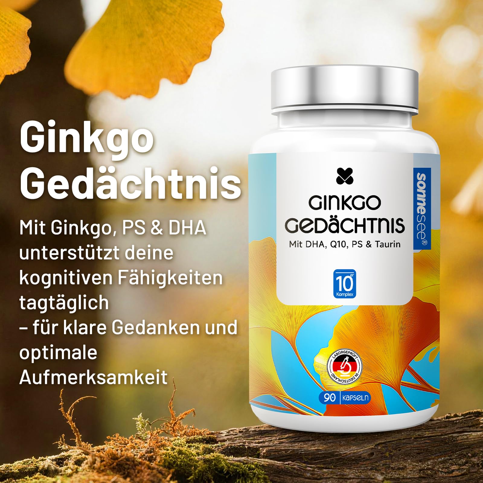10-in-1 Phosphatidylserin (PS) Ginkgo Gedächtnis Hochdosiert Komplex Kapseln mit Biloba Omega-3 (DHA/EPA) & Q10 GABA, Taurin, Zink & Eisen 90 Vegan