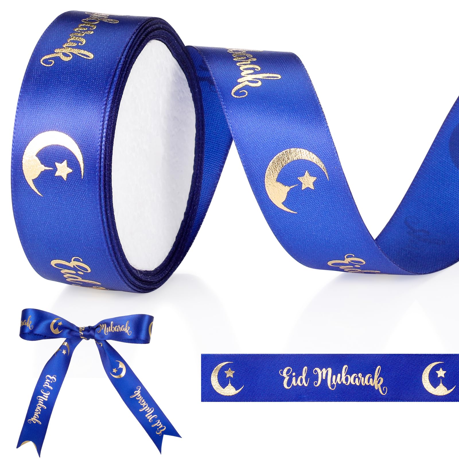 Sinmoe Eid Mubarak Ribbon 5m x 2.5cm Ramadan Mubarak Ribbon with Words Patterns Eid Favor Decorations for DIY Candy Bags Gift Wrapping Bow Making Bouquet Party Supplies (Dark Blue)