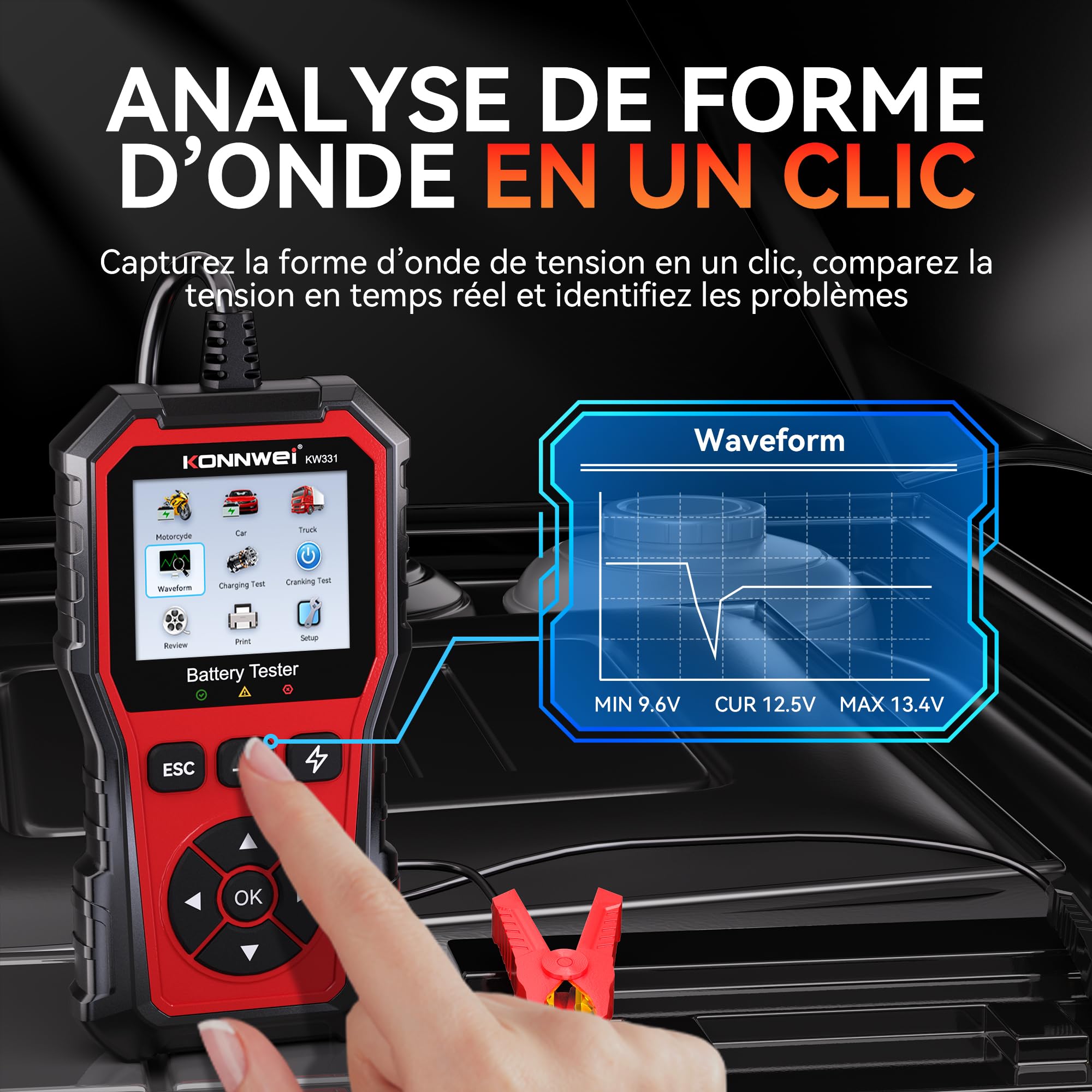 KONNWEI KW331 Testeur de Batterie avec Impression Cloud 10-2000 CCA 6V 12V 24V AGM Lithium Gel Batterie Analyseur Numérique Alternateur Système de Charge et Démarrage Voiture Moto Camions Marrine