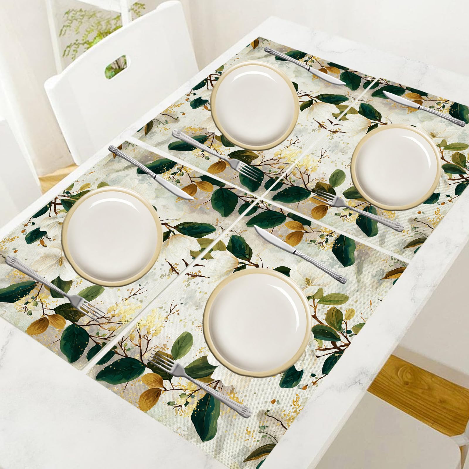 Tovaglietta Americana Acquerello in Cotone Lino Rettangolare - Tovagliette Set di 8 Magnolia Bianca Resistente al Calore per La Cucina, Il L'Ufficio, 30 x 45cm