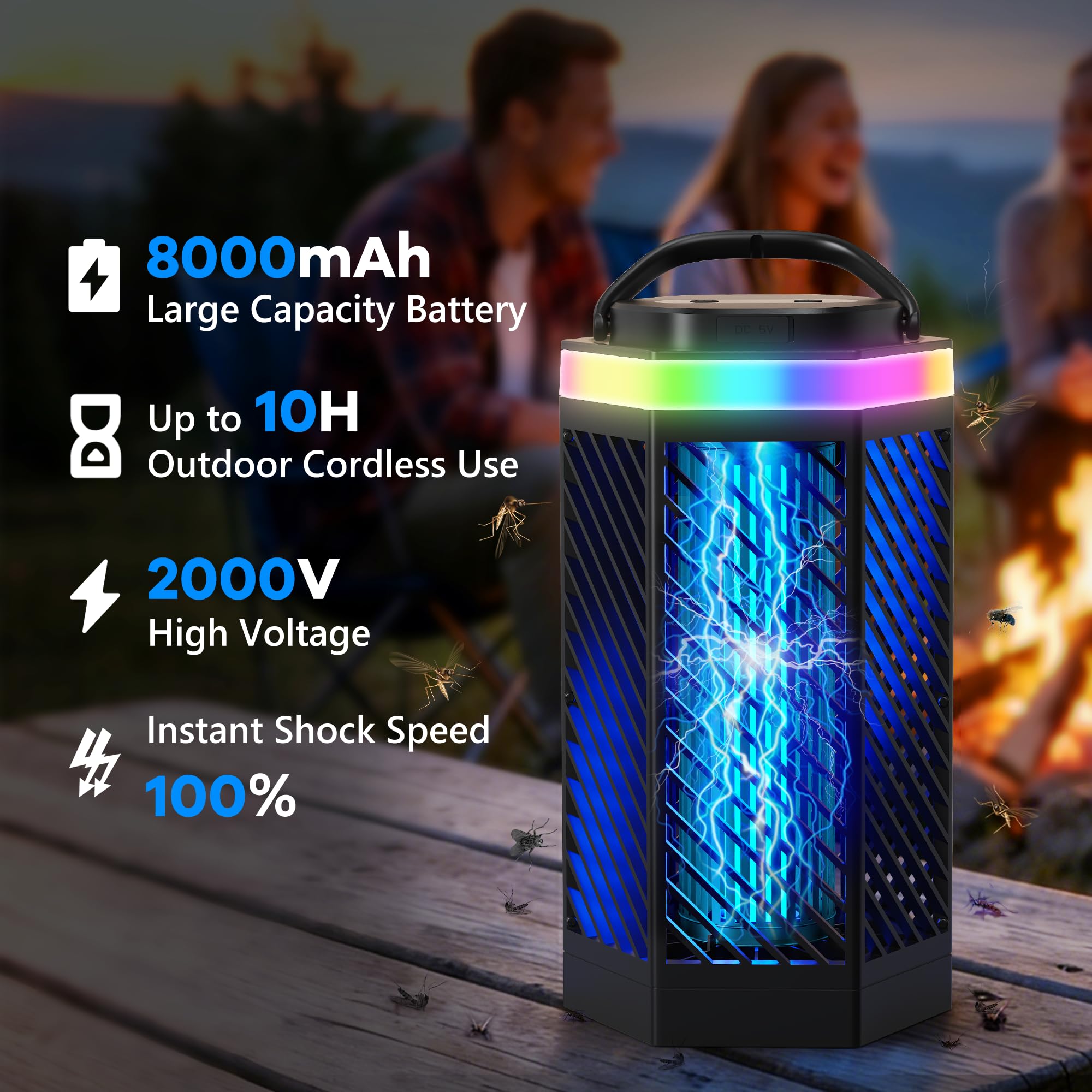 Bug Zapper con 4 niveles de luz ambiental, luz de modo dual (morado/blanco), batería de 8000 mAh, cubre 2100 m², seguro para niños y mascotas, repelente de mosquitos para interior y exterior