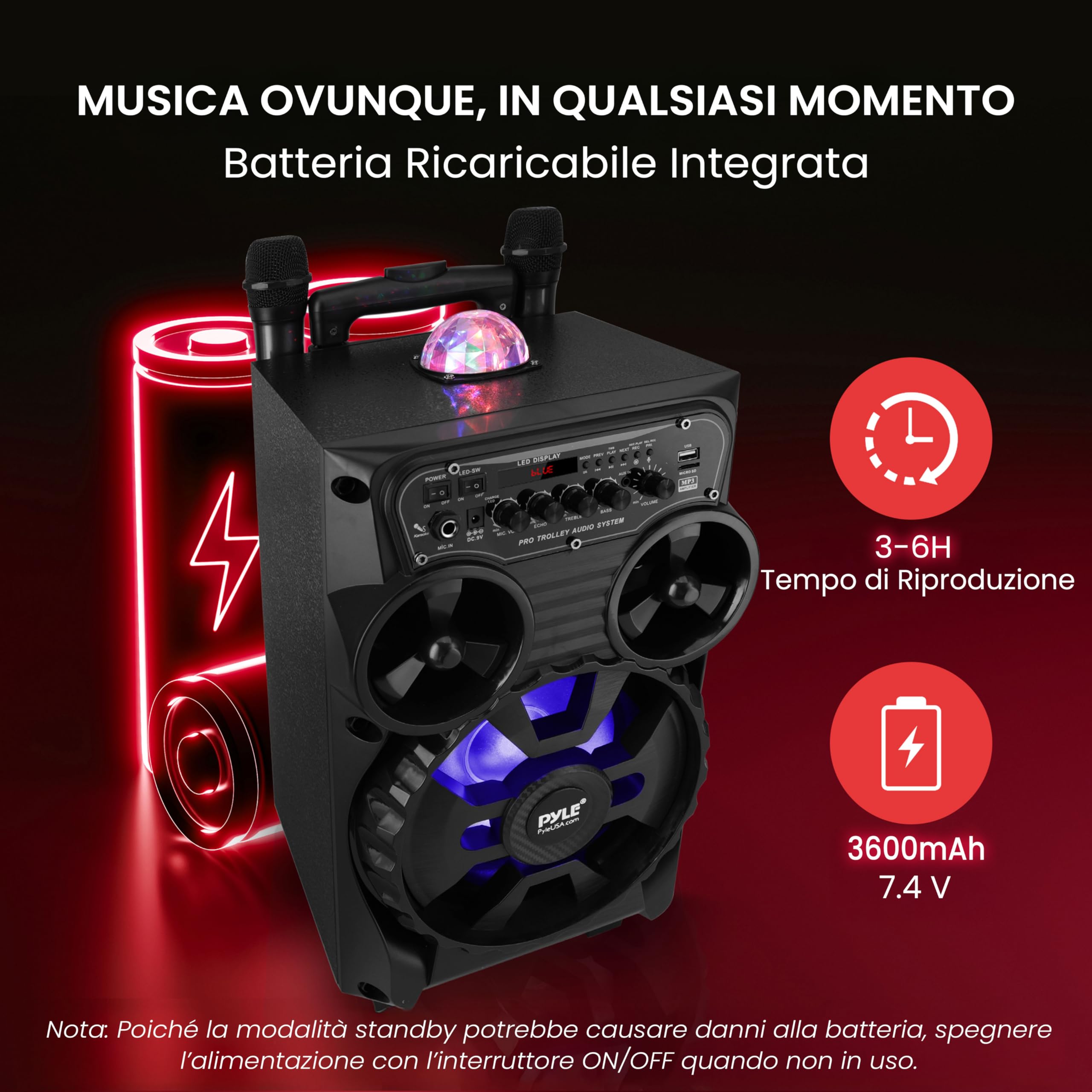 Pyle Cassa Bluetooth Portatile 580 Watt, Altoparlante Bluetooth 20,3 cm con Microfono Wireless, Ruote, Trolley, TWS, Luci LED Disco, Display, FM/AUX/MP3/USB/SD, Ingresso 6,35 mm