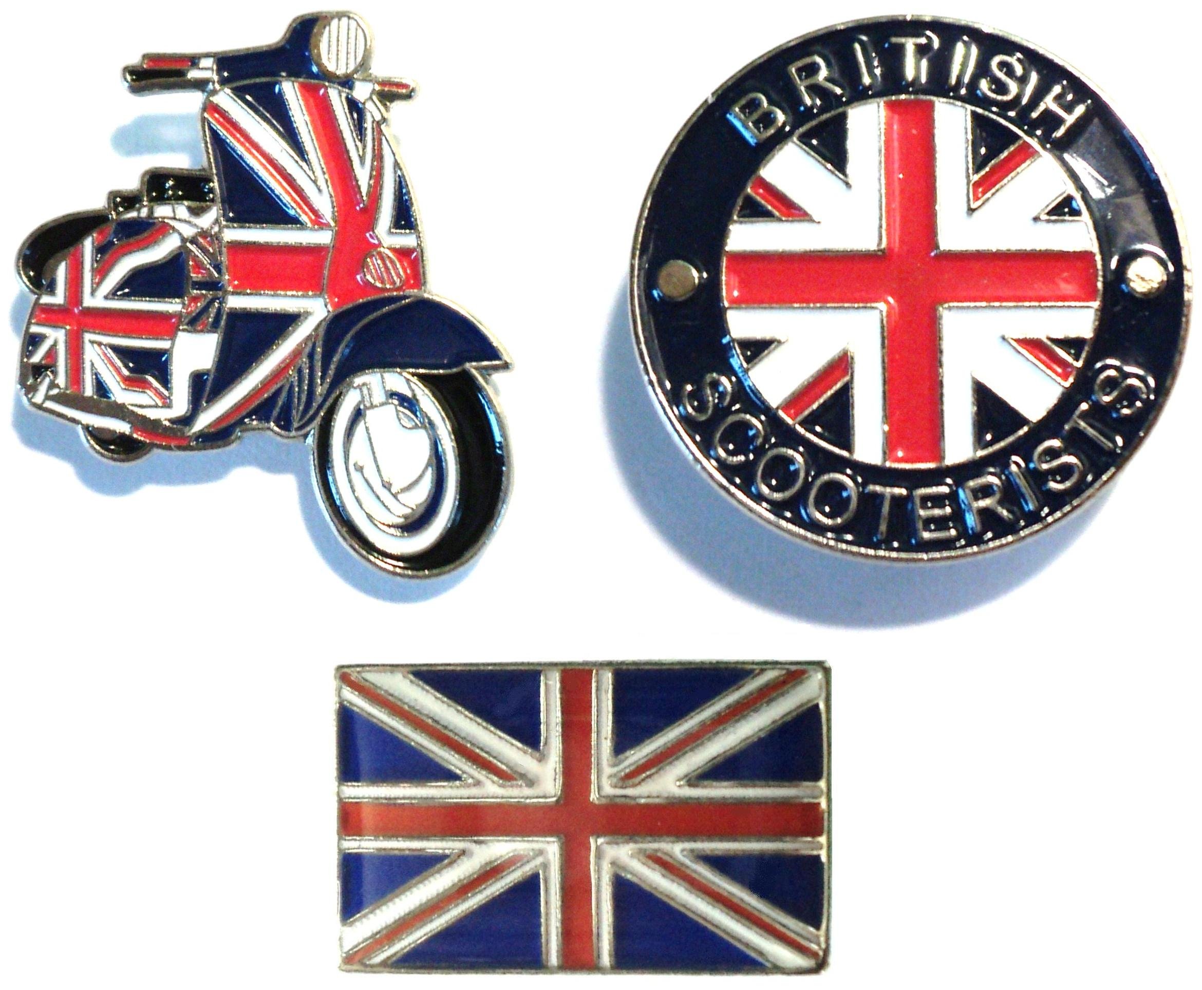 GB Union Flag Covered Scooter British Scooterist MOD Metal Enamel Badge Set