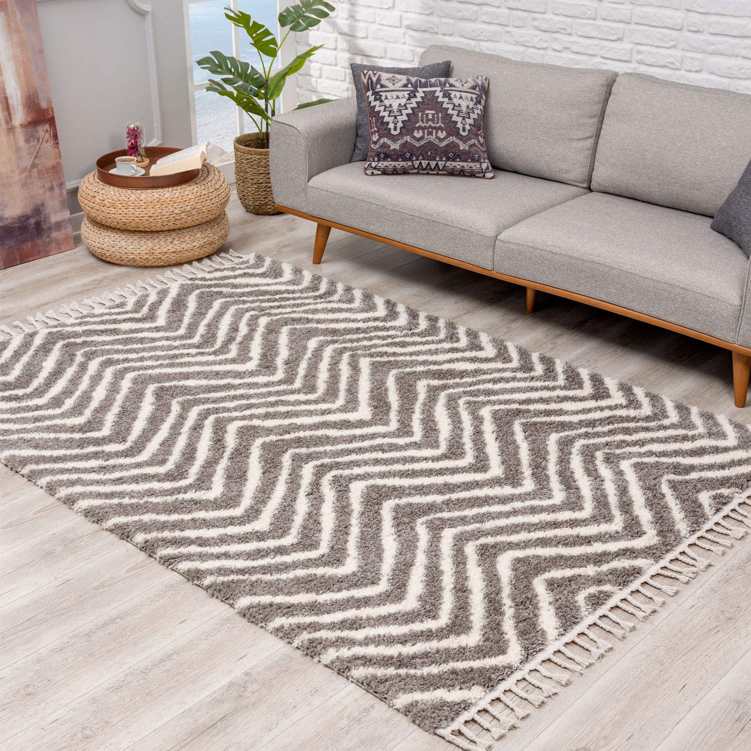 Tapis de Salon, à Poils Longs, Design Ethnique, Chevron, 200 x 290 cm, Gris crème, avec Franges