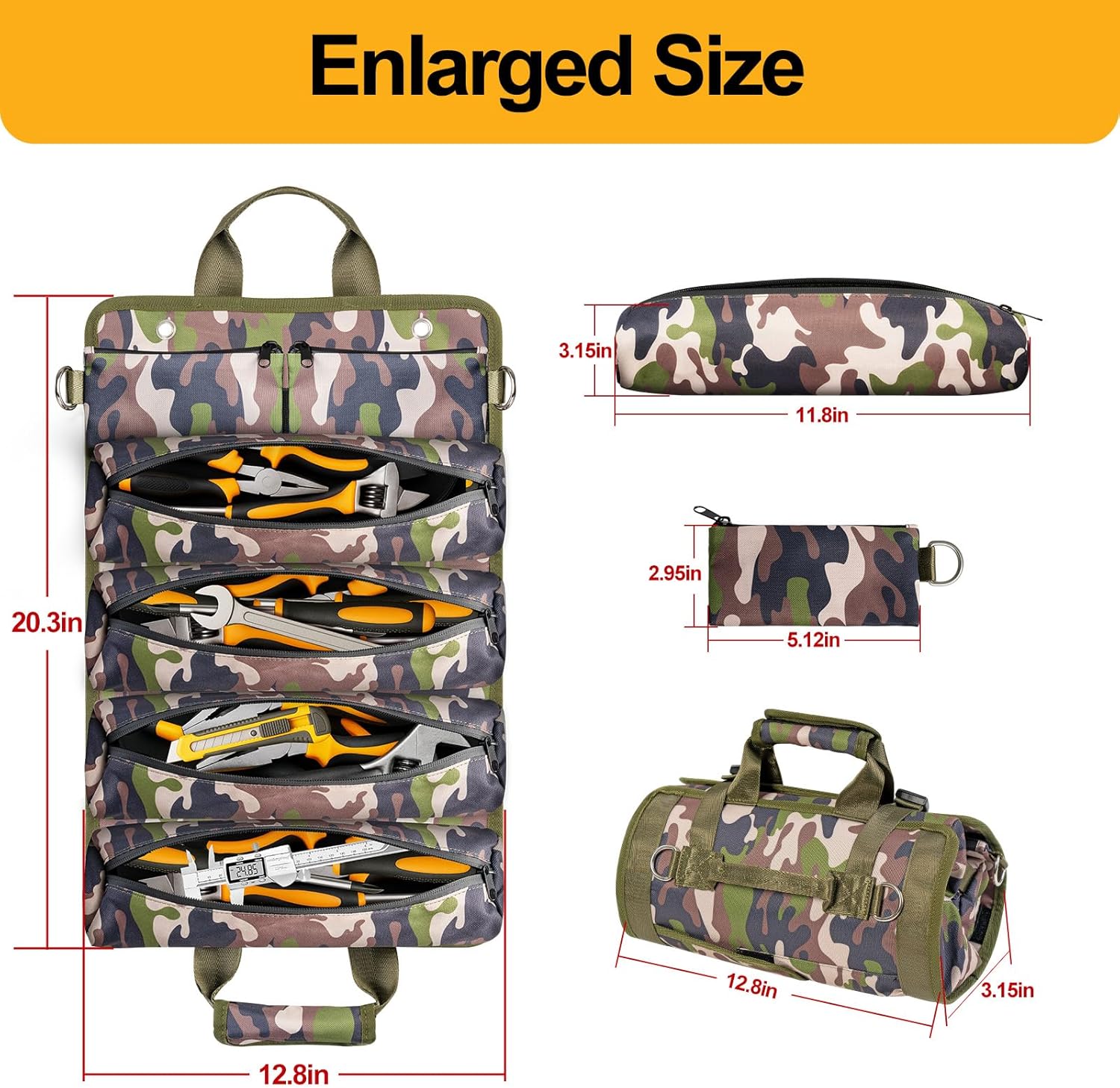 Tool Bag, Heavy Duty Tool Organizer, Portable Tool Pouch for Men, 6 Detachable Pouches, Foldable Carrying Tool Storage, Mechanic & Electrician Dad Birthday Gifts, Camo-Green