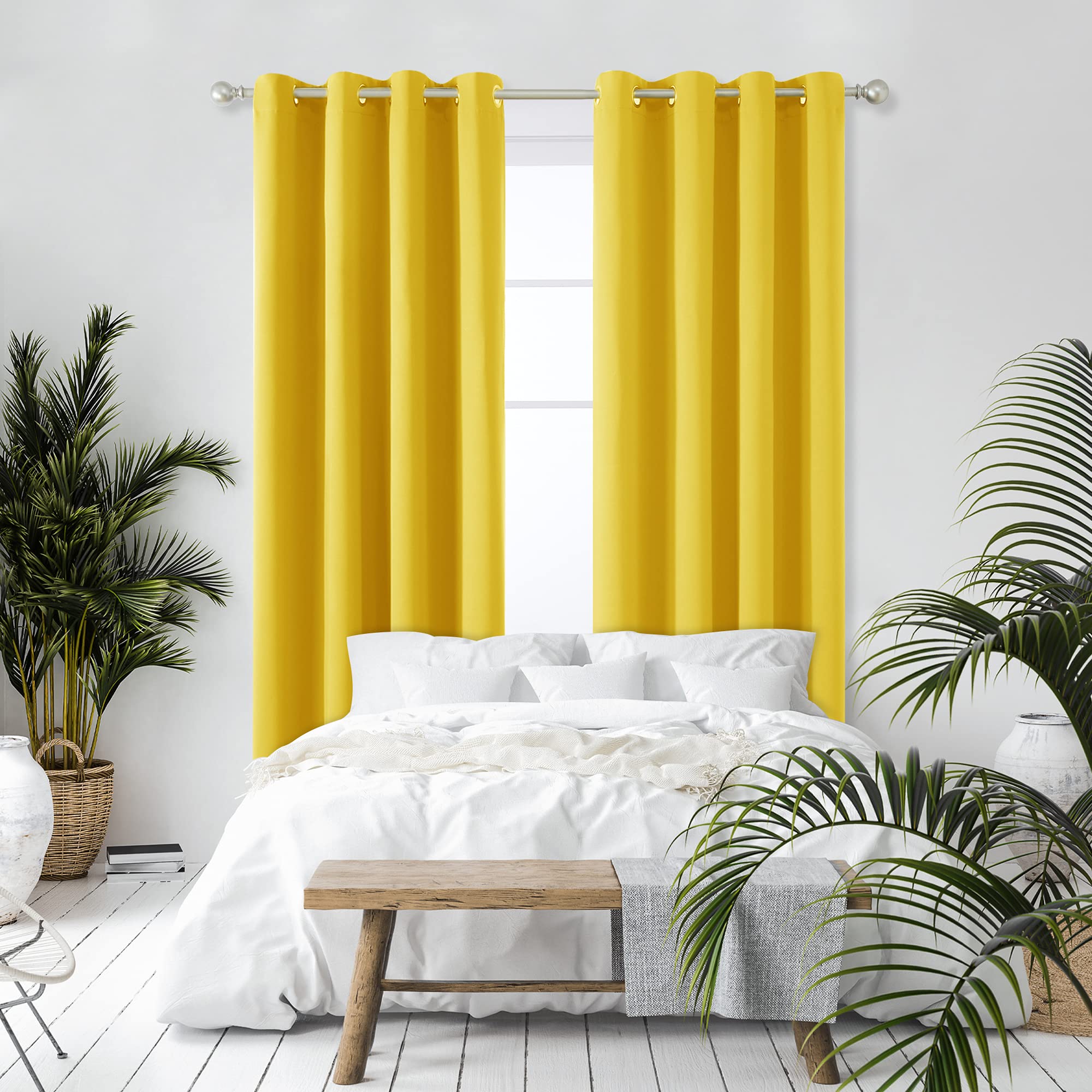 Deconovo Tende Oscuranti per Interni 2 Pezzi 180 CM Altezza, Termiche Isolanti, Anti-Rumore, con Anelli, Ideali per Camera da Letto e Soggiorno, 140x180 CM, Giallo
